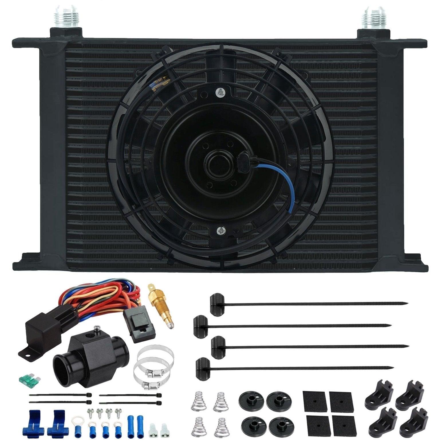 25 Row AN Transmission Oil Cooler with Electric Fan - High Performance In-Hose Grounding & Temperature Switch - Perfect for Racing, Off-Road & Heavy-Duty Vehicles