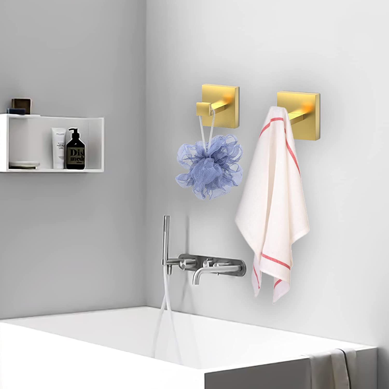 4 Pack Gold Square Towel Hooks - SUS304 Stainless Steel Heavy Duty Wall Mount Hooks for Bathroom, Kitchen & Entryway - Perfect for Hanging Towels, Robes, Coats & Sponges - Rustproof & Durable Bathroom Organization Solution