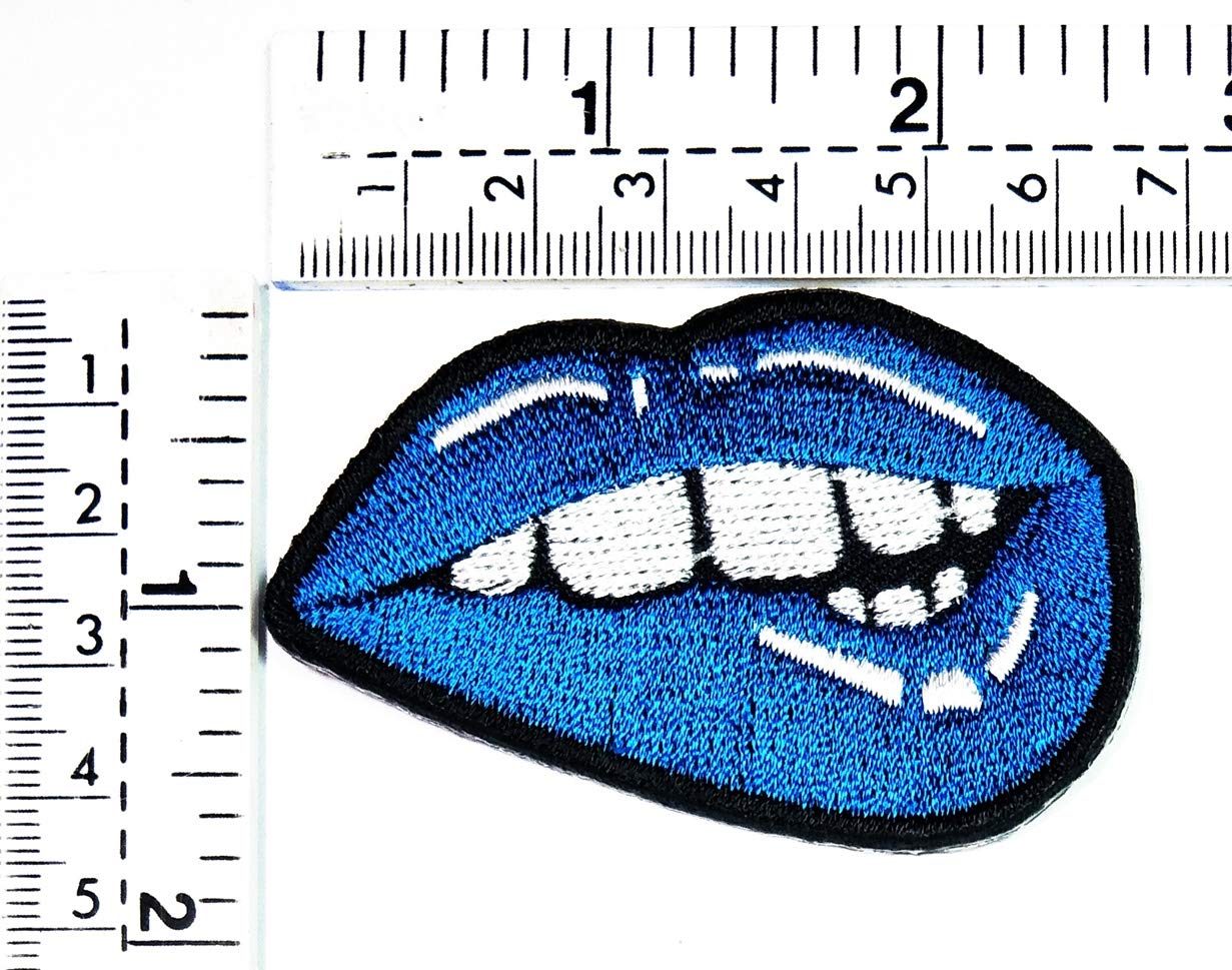 Kiss Blue Lips Iron On Patch - Sexy Mouth Bite Embroidery Applique for DIY Clothing, T-Shirts, Backpacks & Caps | Cartoon Costume Accessories for Parties & Cosplay
