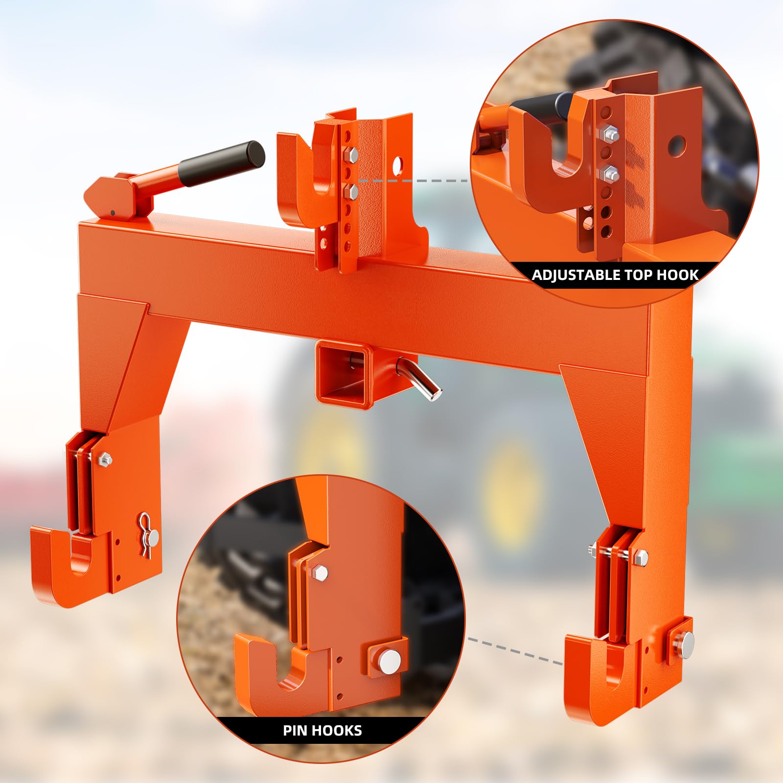 GARVEE 3 Point Quick Hitch for Category 1 & 2 Tractors - 3000 lbs Lifting Capacity - Tractor Quick Hitch Between Lower Arms - Includes 2 Receivers (Orange) - Perfect for Farming, Landscaping & Tractor Attachments
