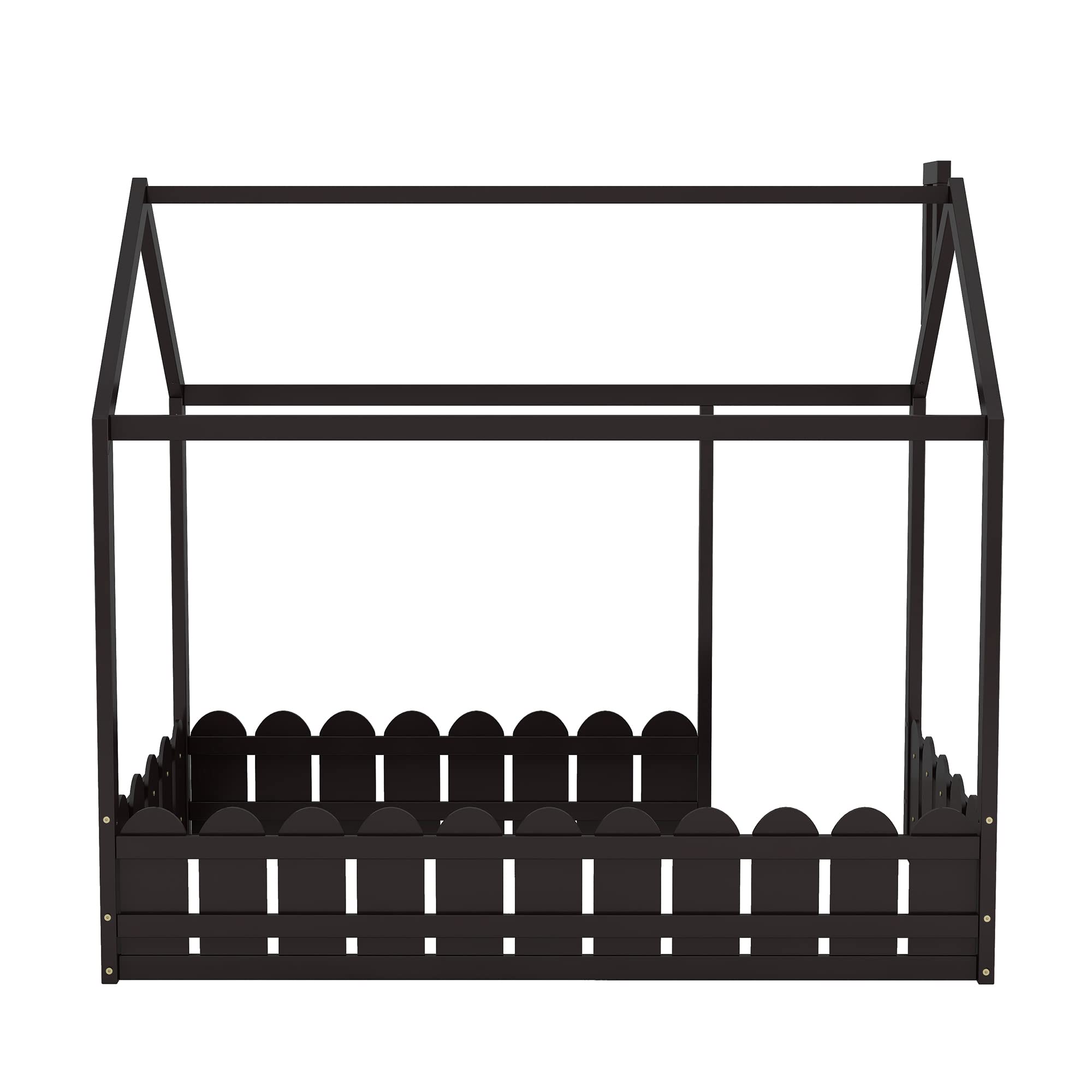 **Twin Size Wooden House Bed for Kids with Fence & Roof - Espresso Toddler Bed Frame for Boys & Girls - Perfect for Bedrooms, Playrooms & Nursery Decor**