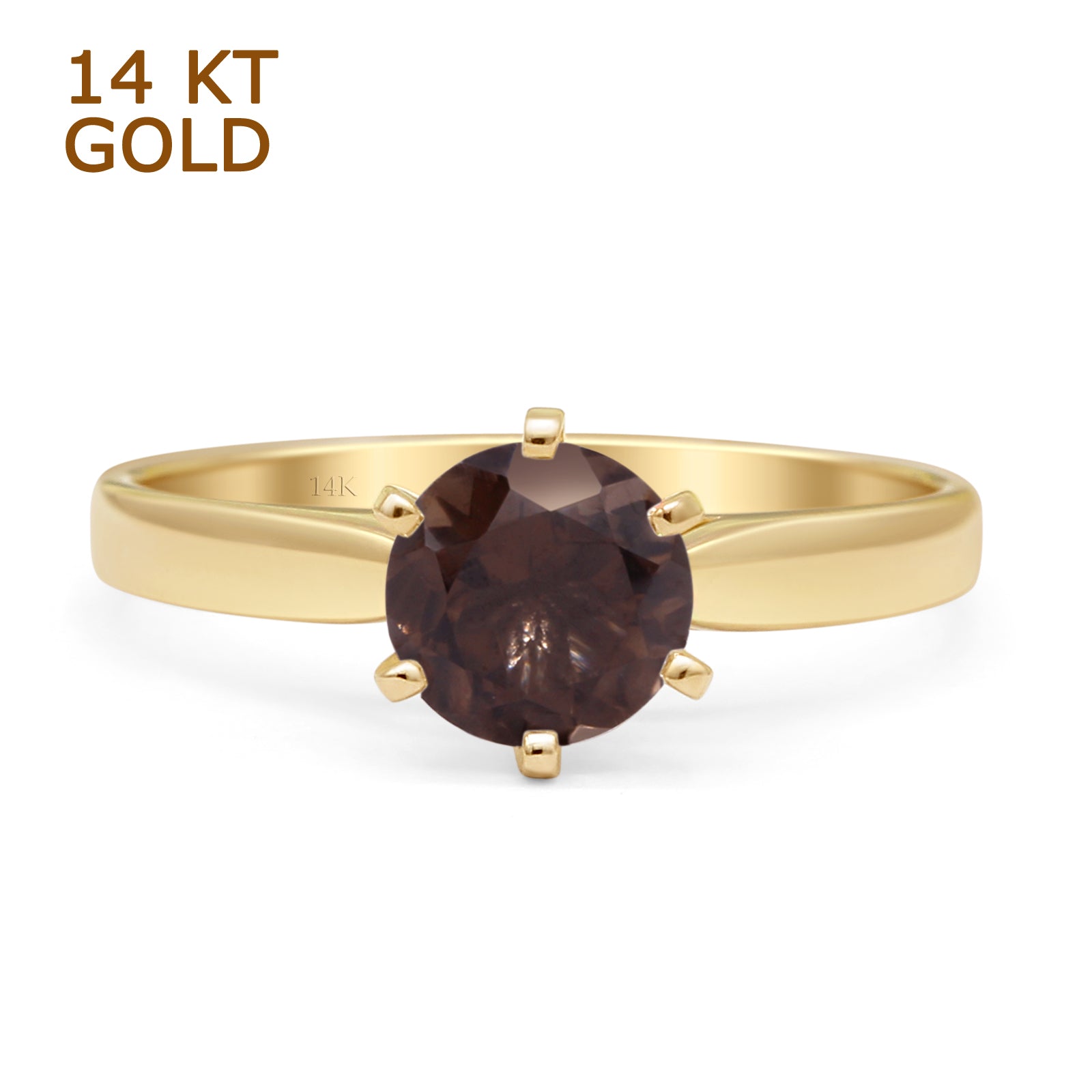 14K Yellow Gold Round Solitaire Natural Chocolate Smoky Quartz Ring for Women - Elegant Wedding, Engagement & Anniversary Jewelry Gift