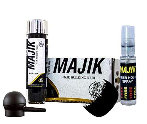 Majik Human Hair Fibers for Thinning Hair & Bald Spots - 36g Black Hair Thickening Powder with Applicator, Optimizer Comb & Fiber Hold Spray - Instant Volume & Coverage for Men & Women (Daily Use, Special Occasions, Confidence Boost)
