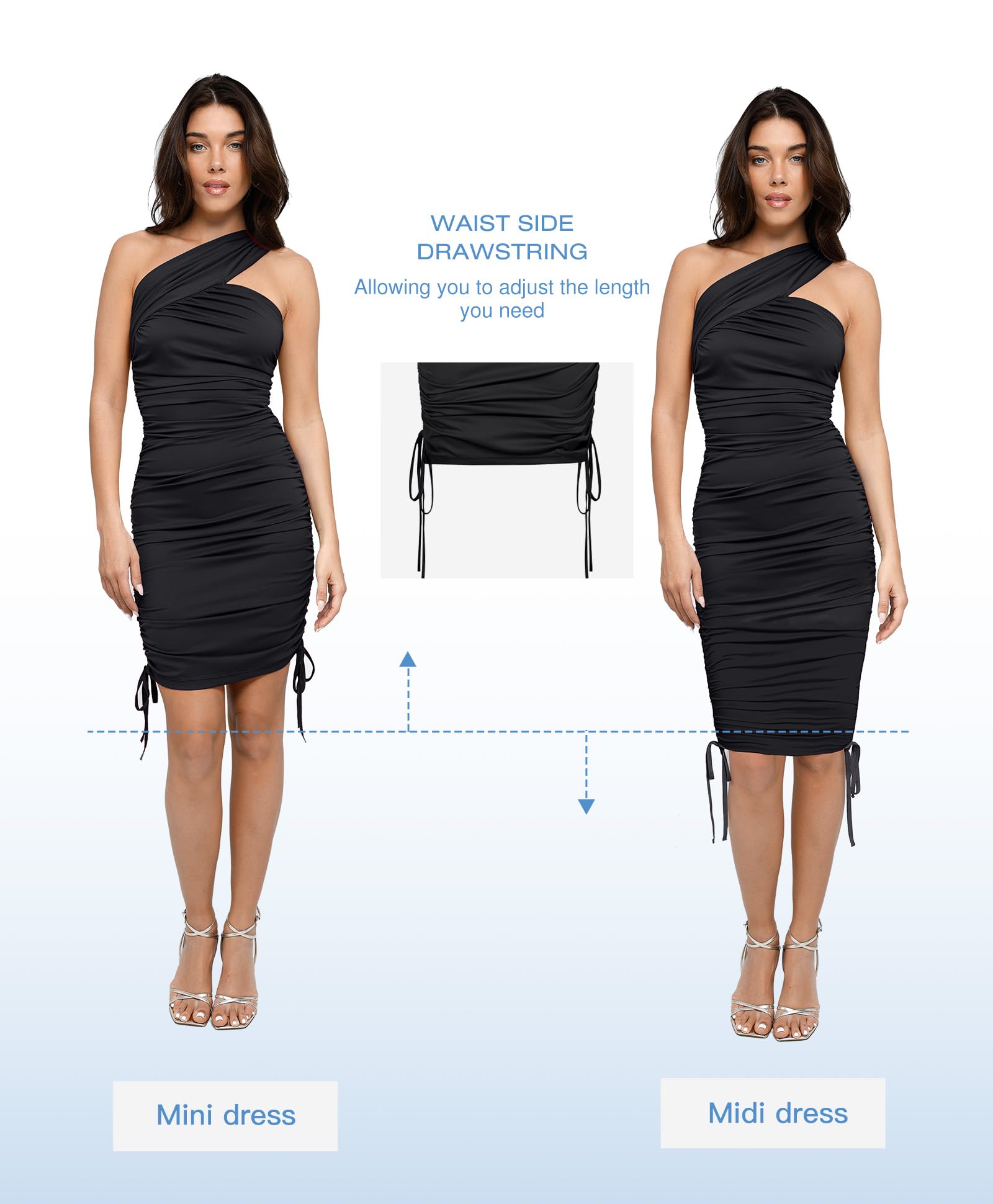Popilush Women's One Shoulder Ruched Shapewear Dress with Drawstring - Slimming Bodycon Summer Dress in Blue | Perfect for Weddings, Parties & Date Nights