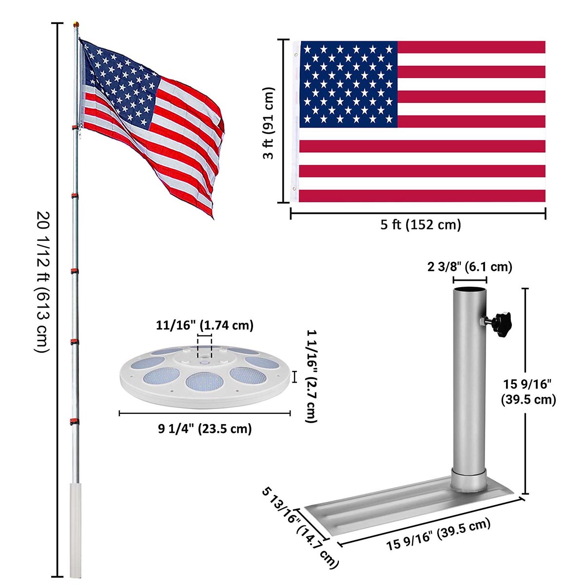 TheLAShop Solar-Powered Telescoping Flagpole for Trucks - Extendable Tailgate Flag Mount with LED Lights for Camping, Tailgating & Outdoor Events