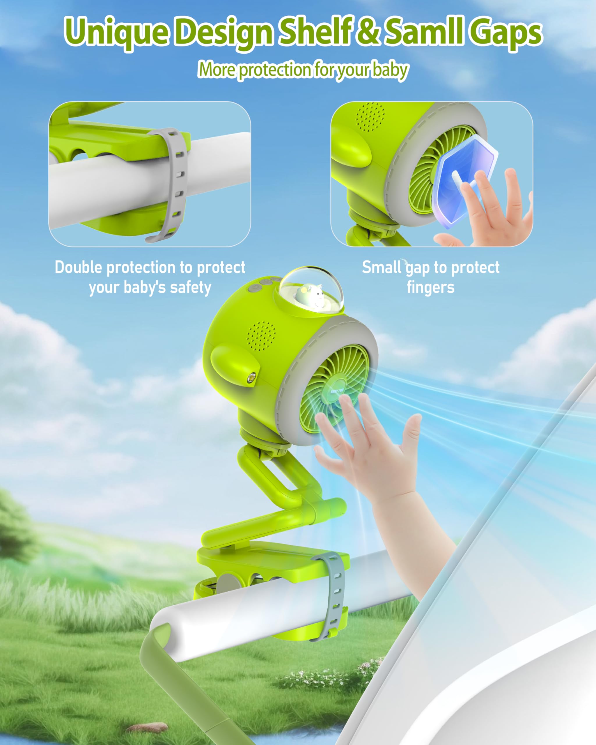 Portable Baby Stroller Fan with 5000mAh Battery - Bluetooth 5.1, Colorful LED Lights & Flashlight - 5 Speed Settings, 15H Runtime, 120° Auto Oscillating - Perfect for Car Seats, Cribs, Travel & Outdoor Activities