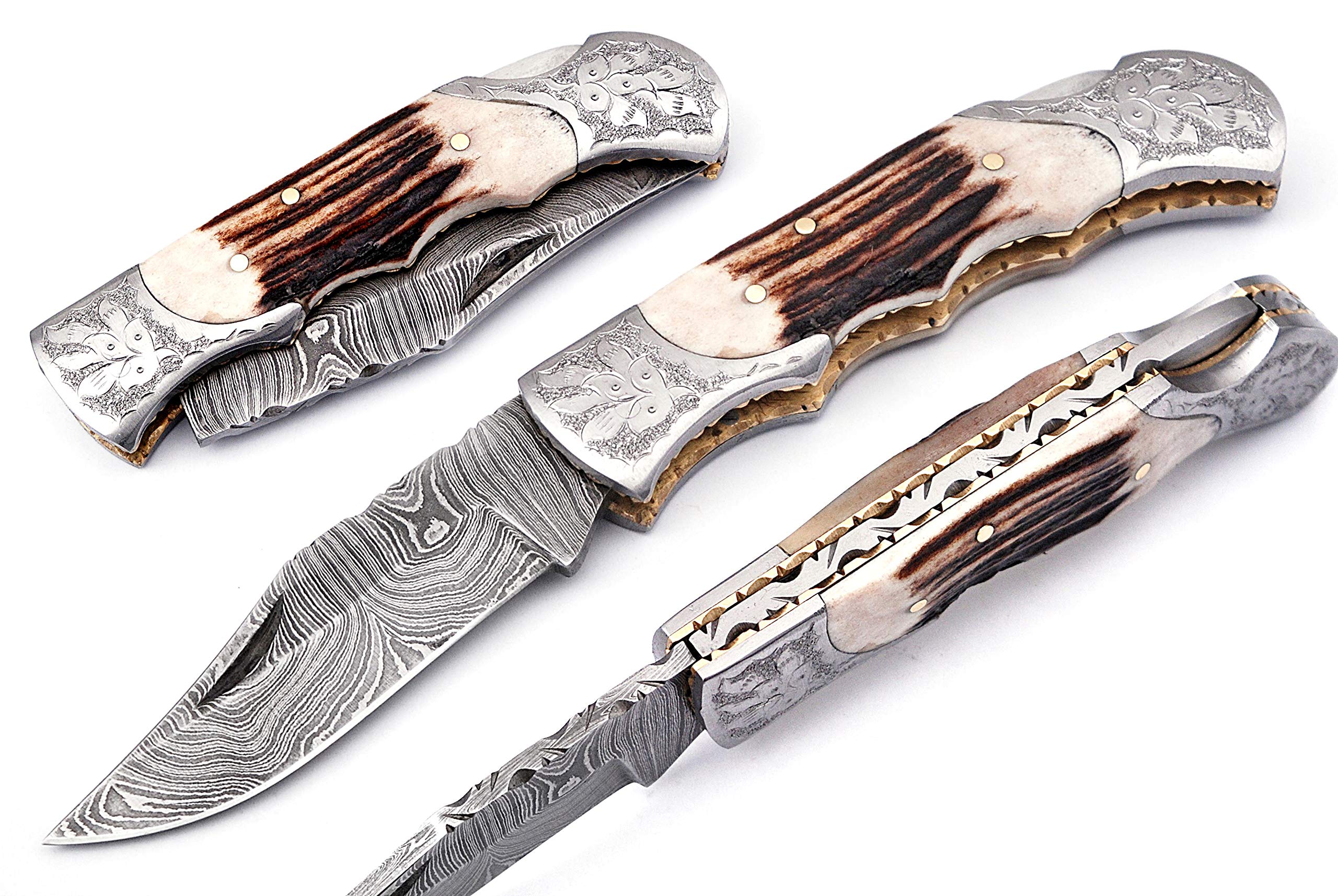 Premium Handmade Damascus Steel Pocket Knife with Genuine Leather Sheath - 5170 Stag Handle - Perfect Gift for Men, Hunters & Outdoor Enthusiasts - Ideal for Camping, Hiking & Everyday Carry (EDC)