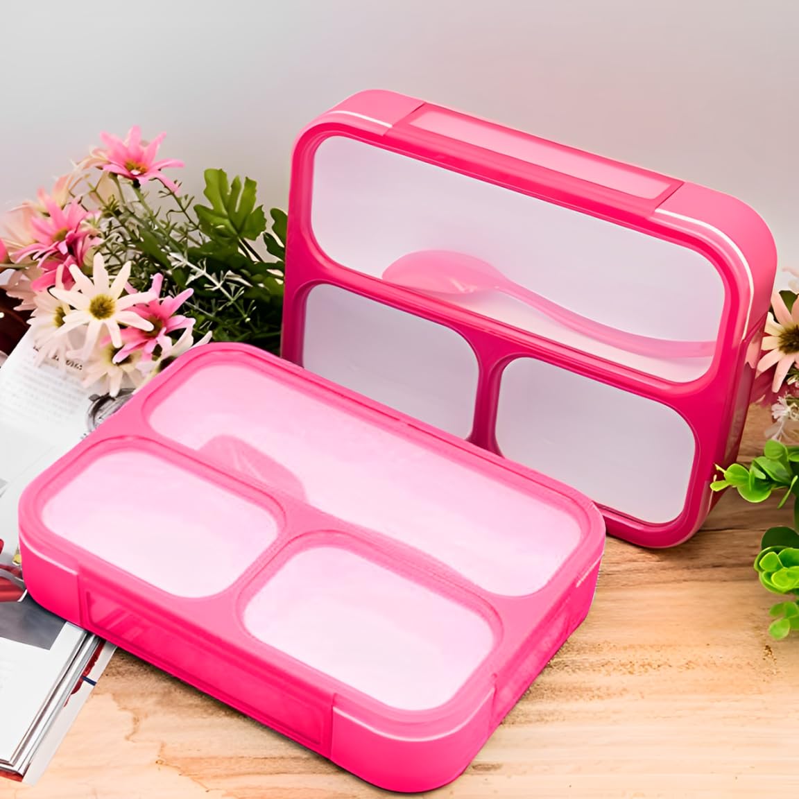 2-Pack Leak Proof Bento Lunch Box with Spoon - 3 Compartment Meal Prep Container for Adults, Portion Control Snack Box for Salad, Fruits & Office Lunch - Ideal for Work, School & Picnics - Pink