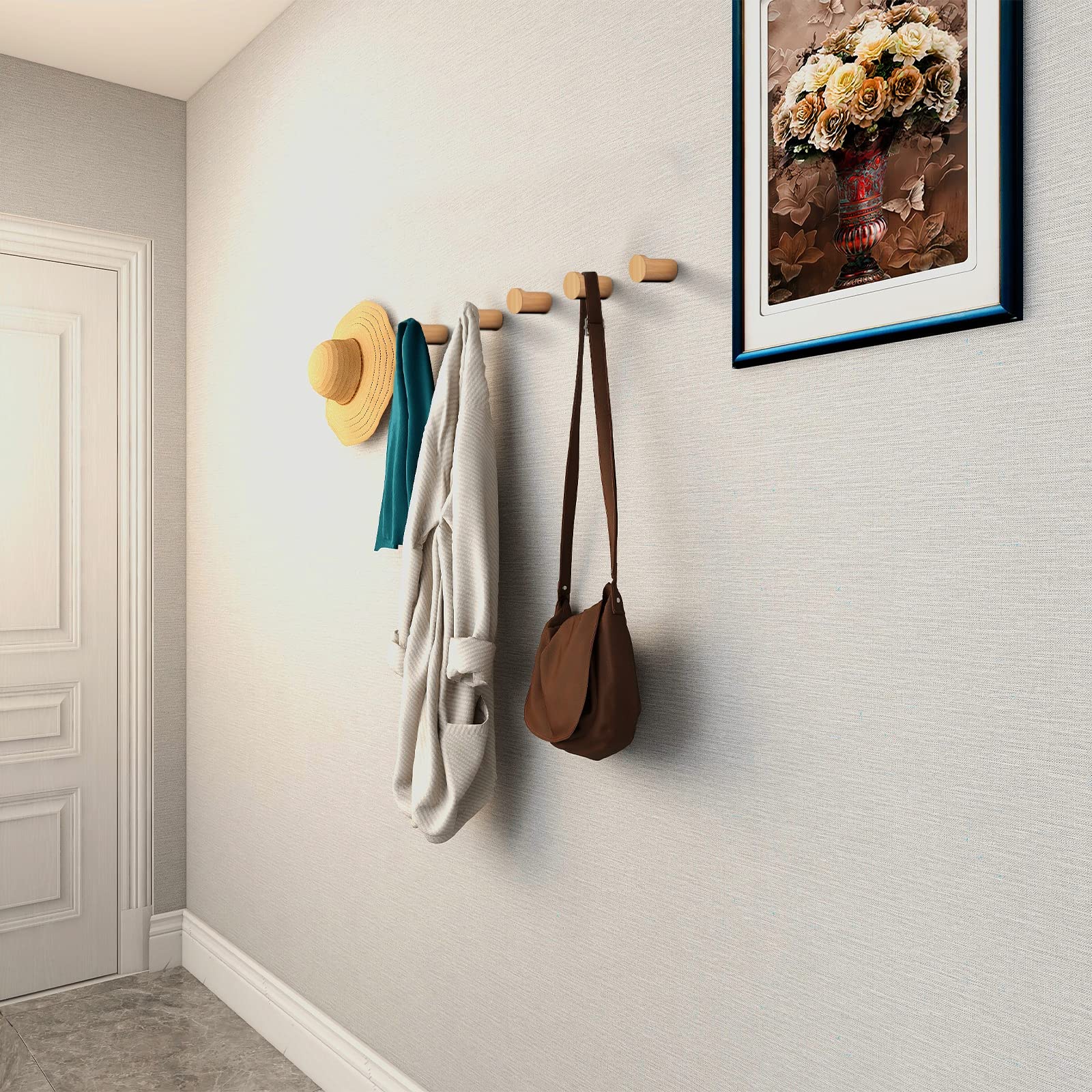 6 Pack Natural Beech Wood Wall Hooks - Handmade Rustic Heavy Duty Coat & Hat Hangers for Entryway, Bathroom, Bedroom - Perfect for Hanging Towels, Clothes, Bags, Robes & Home Decor