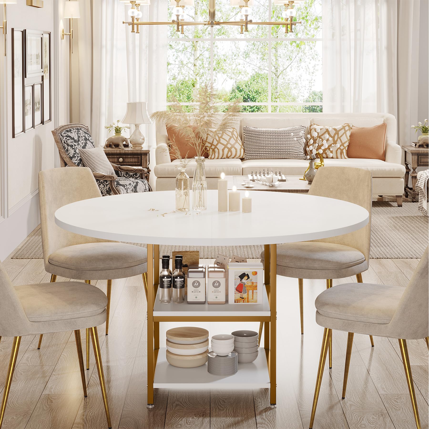 Tribesigns 47 Inch Round Dining Table with Storage Shelves - White Gold Kitchen Table for 4 People, Perfect for Dining Room, Kitchen & Small Space Living Room | Modern & Space-Saving Design
