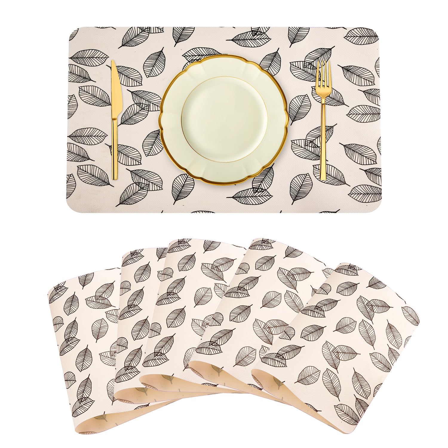 Kuber Industries Non-Slip Placemat Set - 6-Piece Leaf Design Table Mats for Dining Room, Kitchen, and Office - Cream Color | Perfect for Everyday Meals, Entertaining Guests, and Protecting Tables