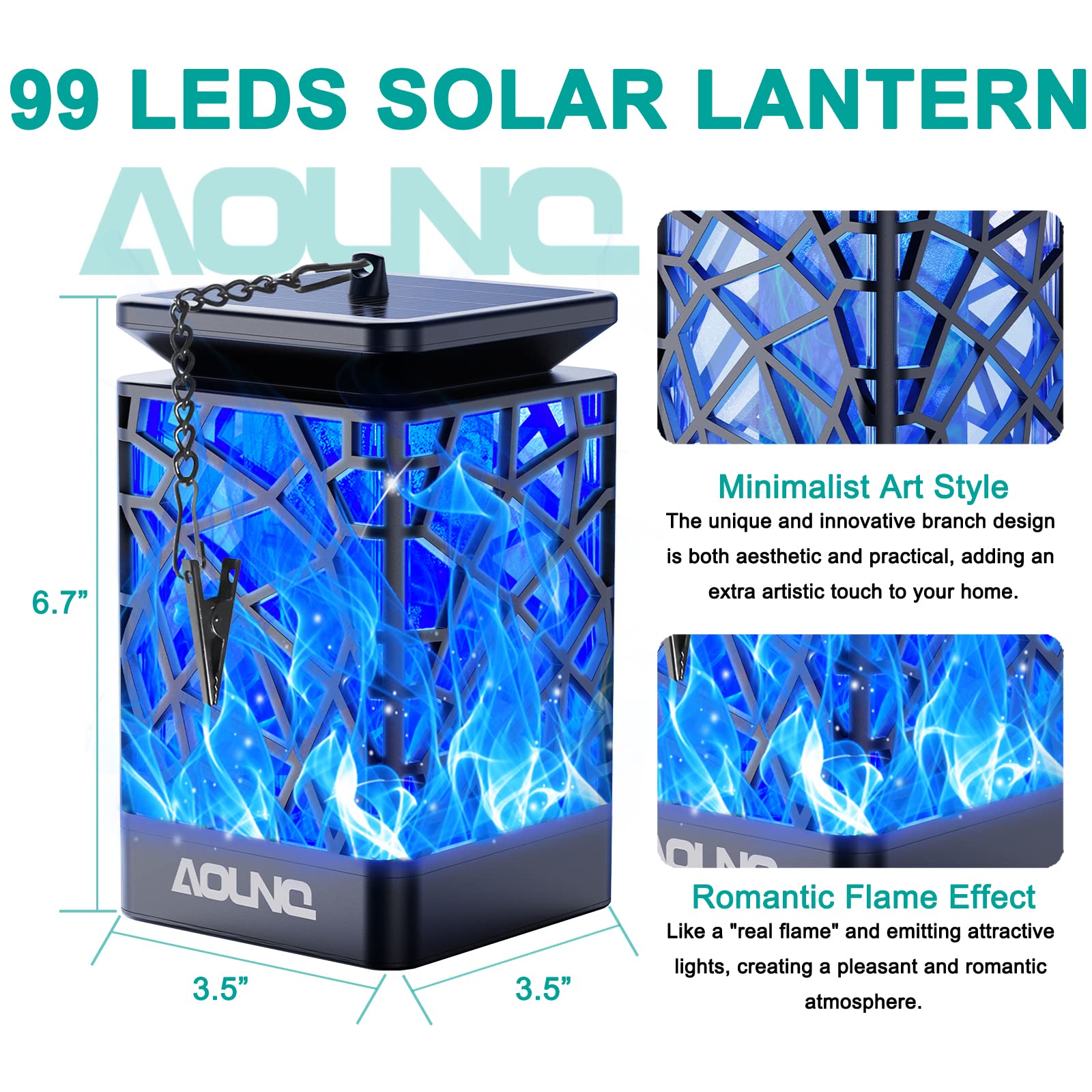 99 LED Solar Lanterns with Flickering Flame Effect - Waterproof Outdoor Hanging Lights for Garden, Yard & Patio Decor (2 Pack Blue Solar Powered Lanterns) - Perfect for Camping, Backyard Parties & Pathway Lighting