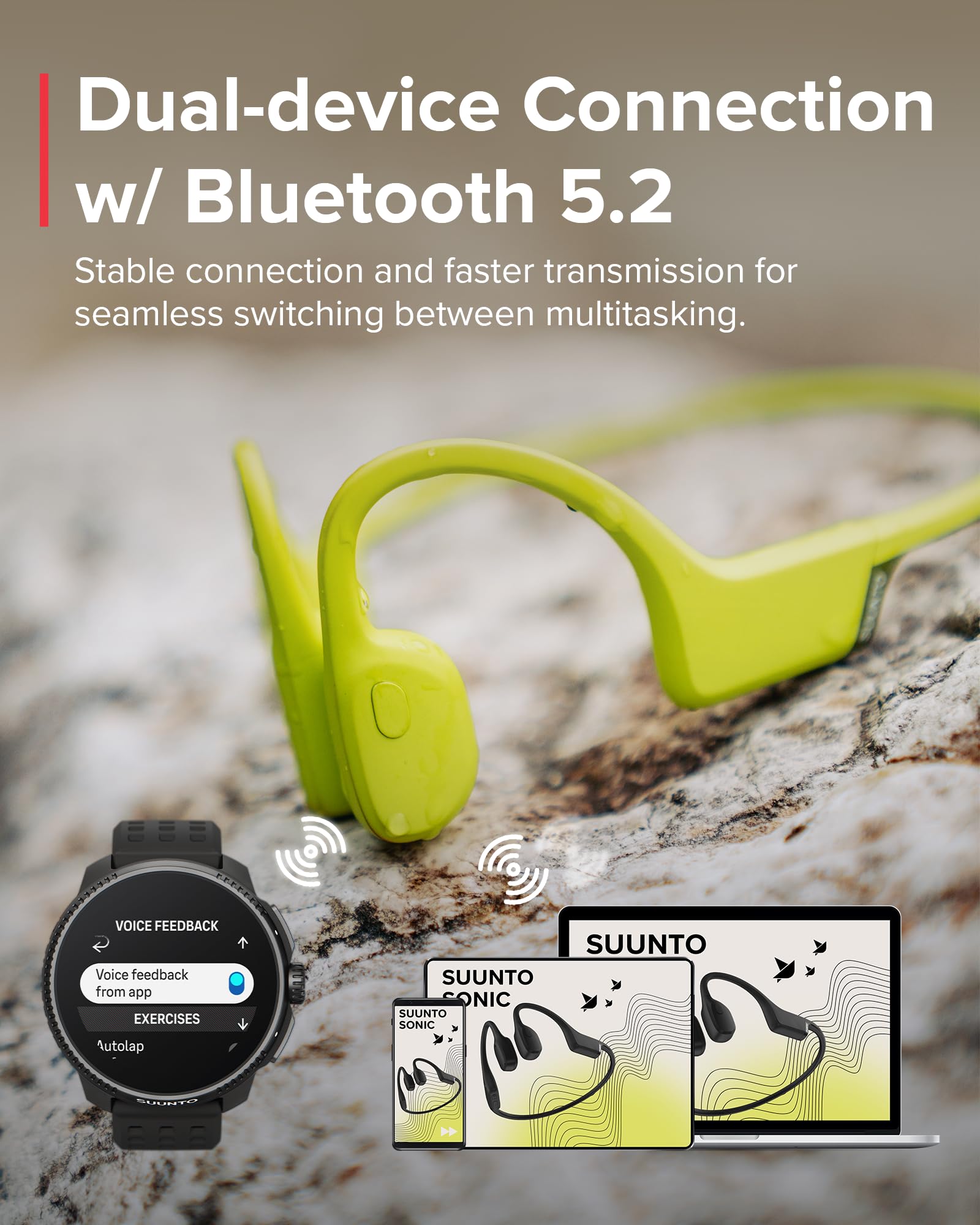 SUUNTO Sonic Open-Ear Bone Conduction Sports Headphones - Wireless Bluetooth Headset with Enhanced Bass, Multipoint Connection, 10H Playtime & Fast Charging - Built-in Dual Mics, IP67 Waterproof & Lightweight Design for Running, Cycling & Outdoor Activities