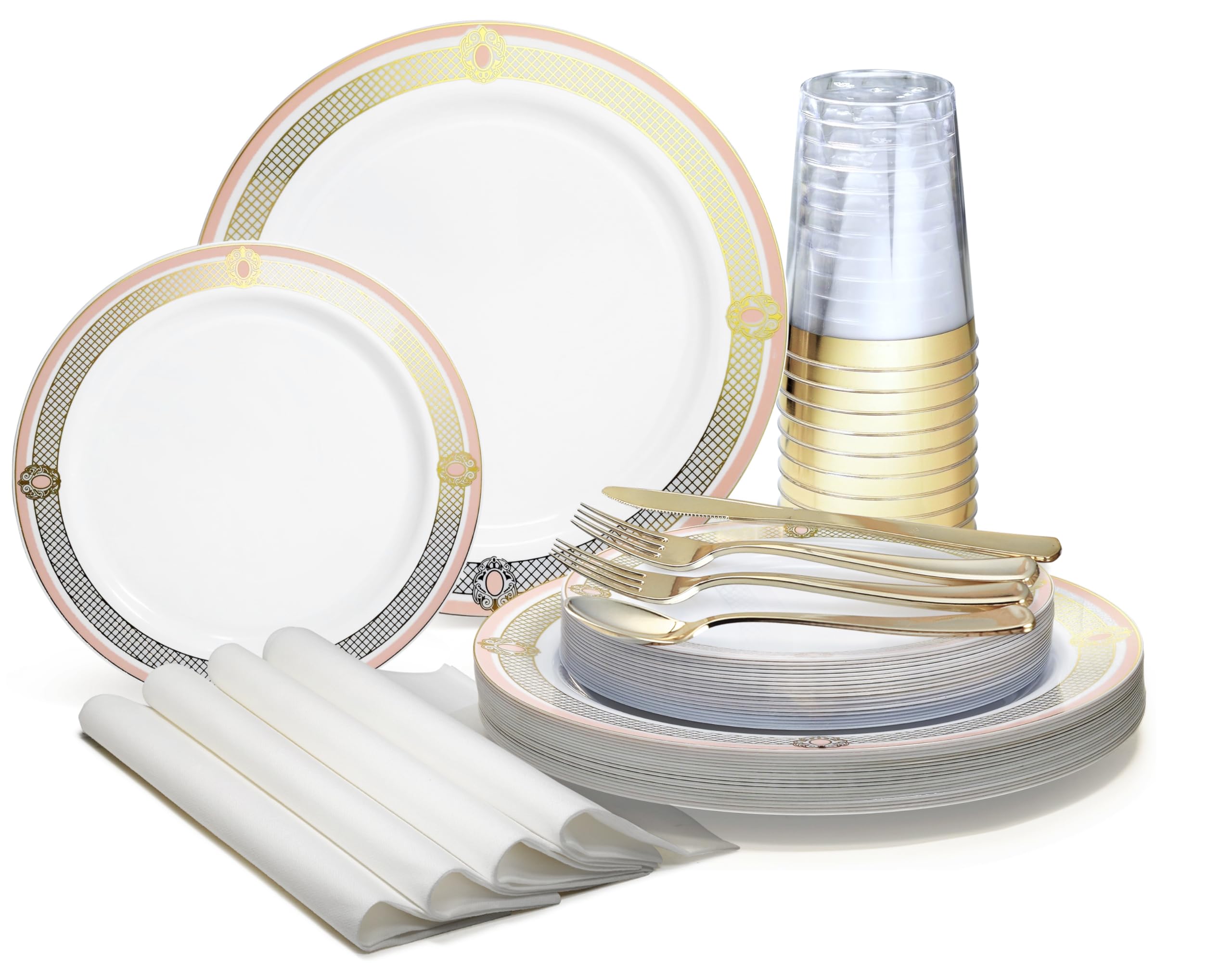 320-Piece Disposable Plastic Plate Set for Weddings & Parties - 40 x 10.25'' Dinner Plates + 40 x 7.5'' Dessert Plates + Silverware + Cups + Napkins (Elegant White/Blush Gold) - Perfect for Wedding Receptions, Bridal Showers & Large Gatherings