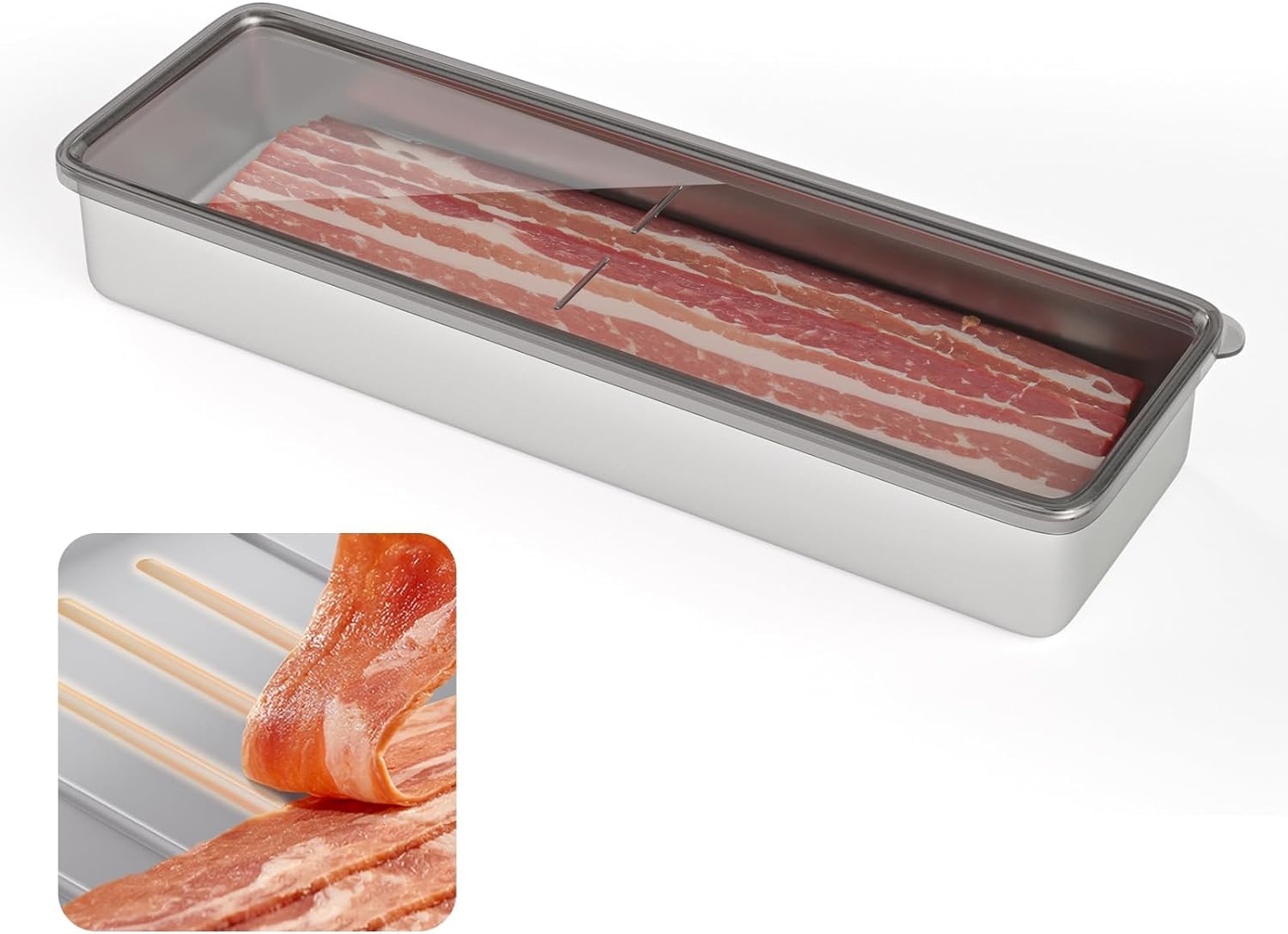 304 Stainless Steel Airtight Bacon & Deli Meat Storage Container for Refrigerator - Dishwasher Safe Food Container with Lid & Elevated Base - Perfect for Kitchen, Camping & Meal Prep (1 Pack)