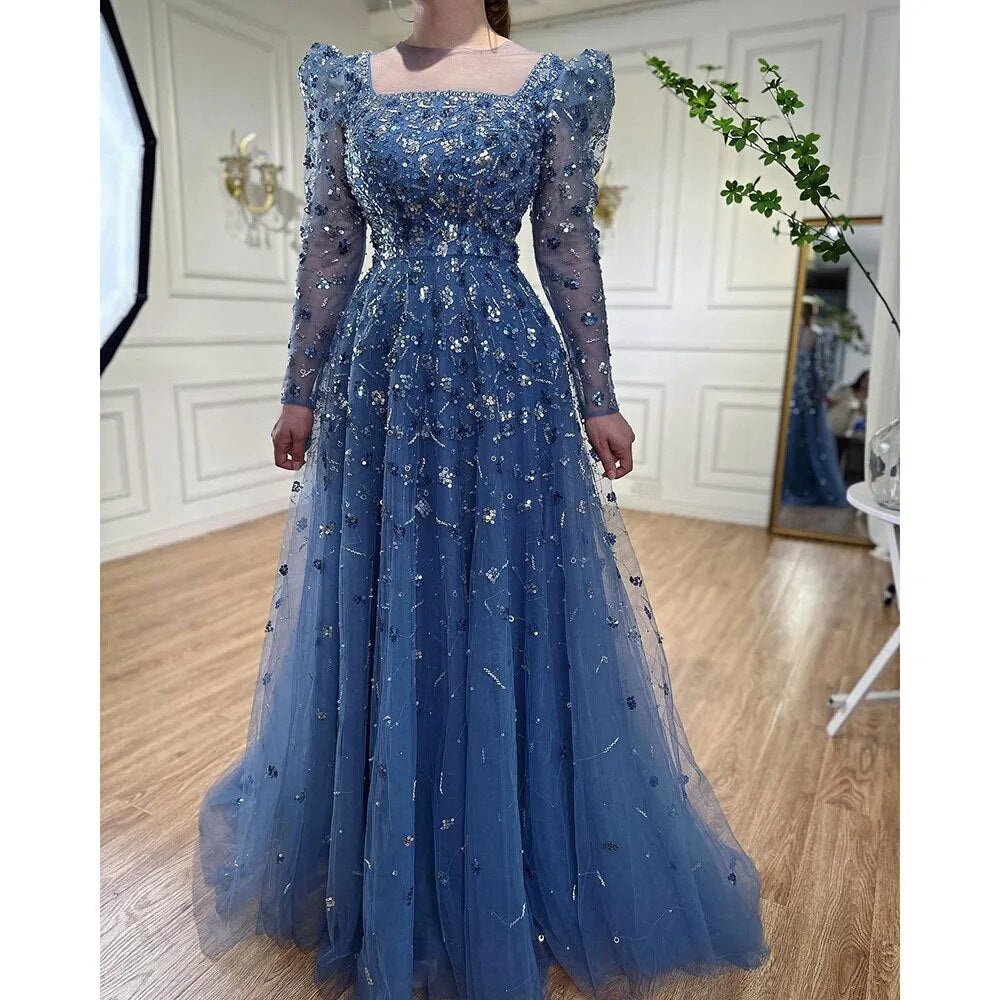 Luxury Beaded Muslim Blue A-Line Evening Dress for Women - Elegant Formal Gown 2025 - Perfect for Weddings, Galas & Special Occasions | Serene Hill LA71762A