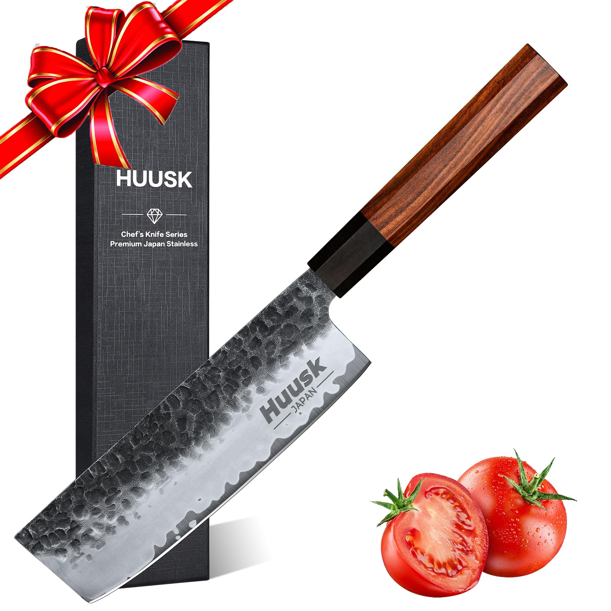 Premium Japanese Huusk Nakiri Knife - 7 Inch High Carbon Steel Vegetable Cleaver, Hand-Forged Kitchen Chef Knife with Gift Box - Perfect for Slicing Vegetables, Meat & Asian Cuisine Preparation