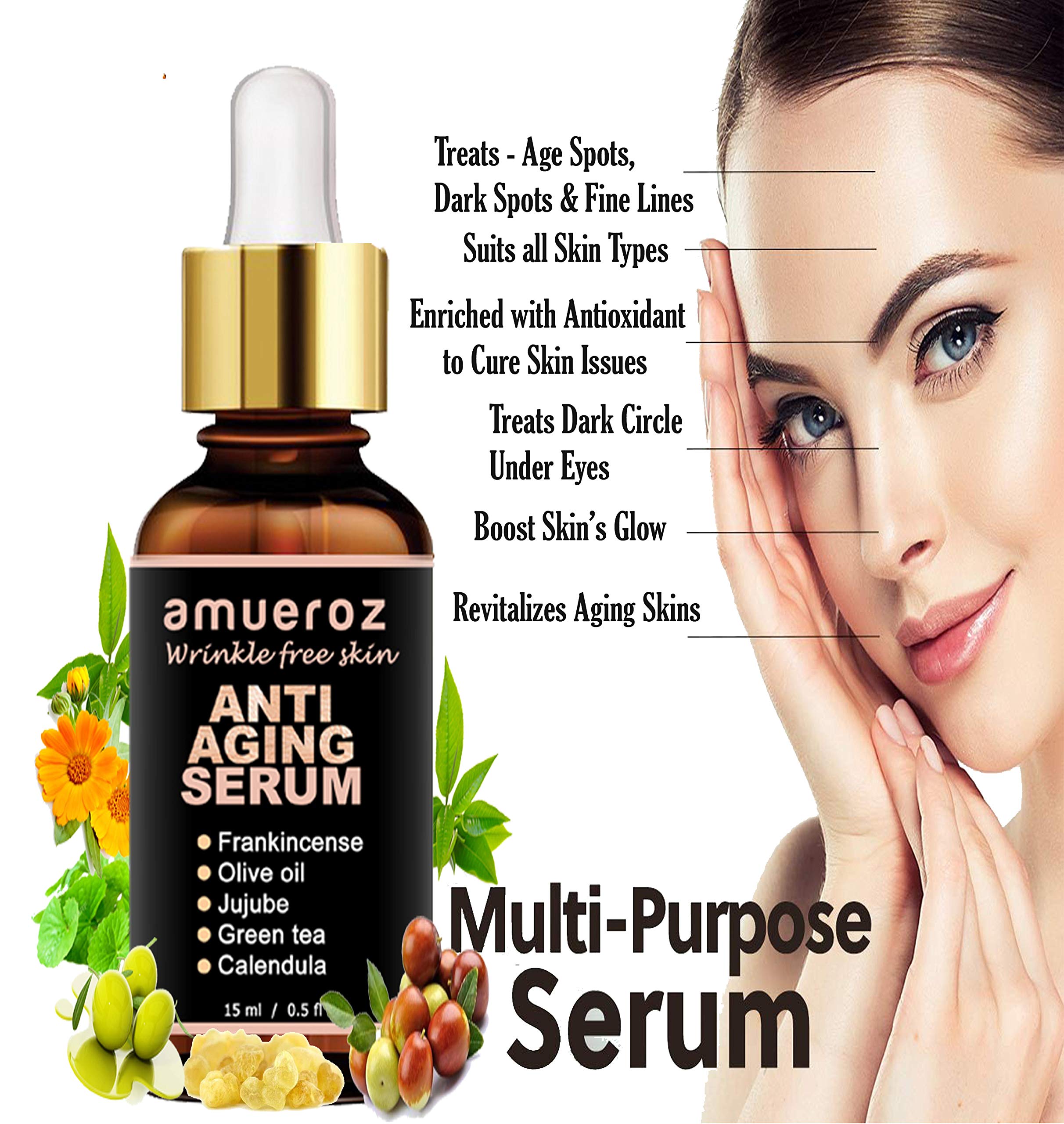 Amueroz 24K Gold Anti-Aging Serum – Deep Wrinkle Repair & Skin Brightening with Gotu Kola, Calendula, Jujube & Green Tea Extract – Reduces Acne & Fine Lines – 15ml – Perfect for Nighttime Skincare Routine & Daily Hydration