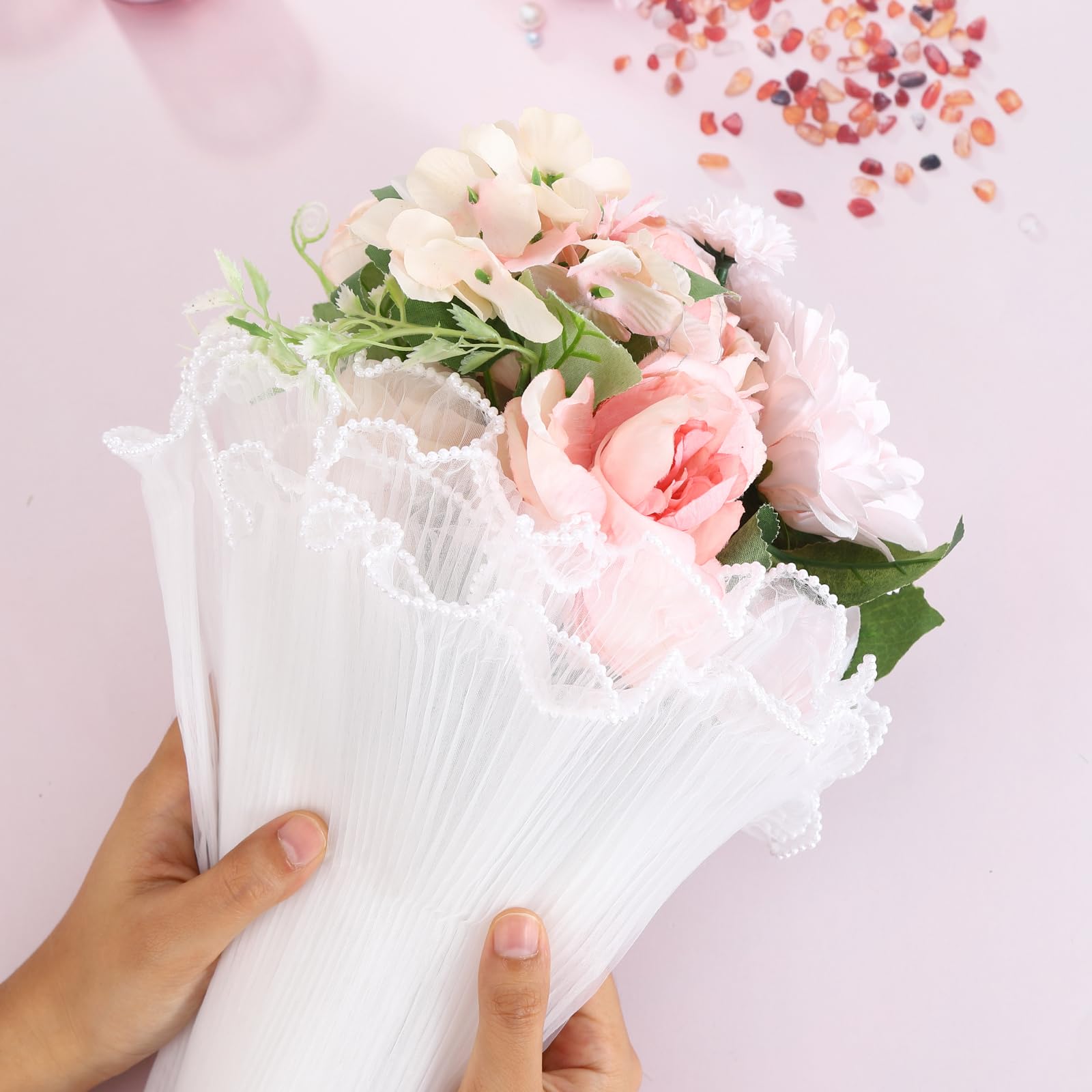 JINIOHEE 3 Pack Floral Bouquet Wrapping Paper - 4 Yards Korean Flower Wrapping Mesh with 9m Ribbons, DIY Gift Packaging Supplies for Wedding, Birthday & Party Decor - White Wrinkle Wave Craft Paper
