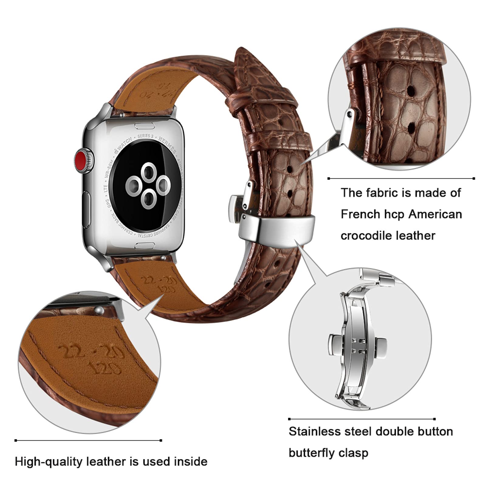 Premium Genuine Leather Watch Bands for Apple Watch Series 1/2/3/4/5/6/SE - 38mm 40mm 42mm 44mm Compatible iWatch Straps - Classic Retro Crocodile Design for Men & Women - Perfect for Work, Gym & Everyday Wear