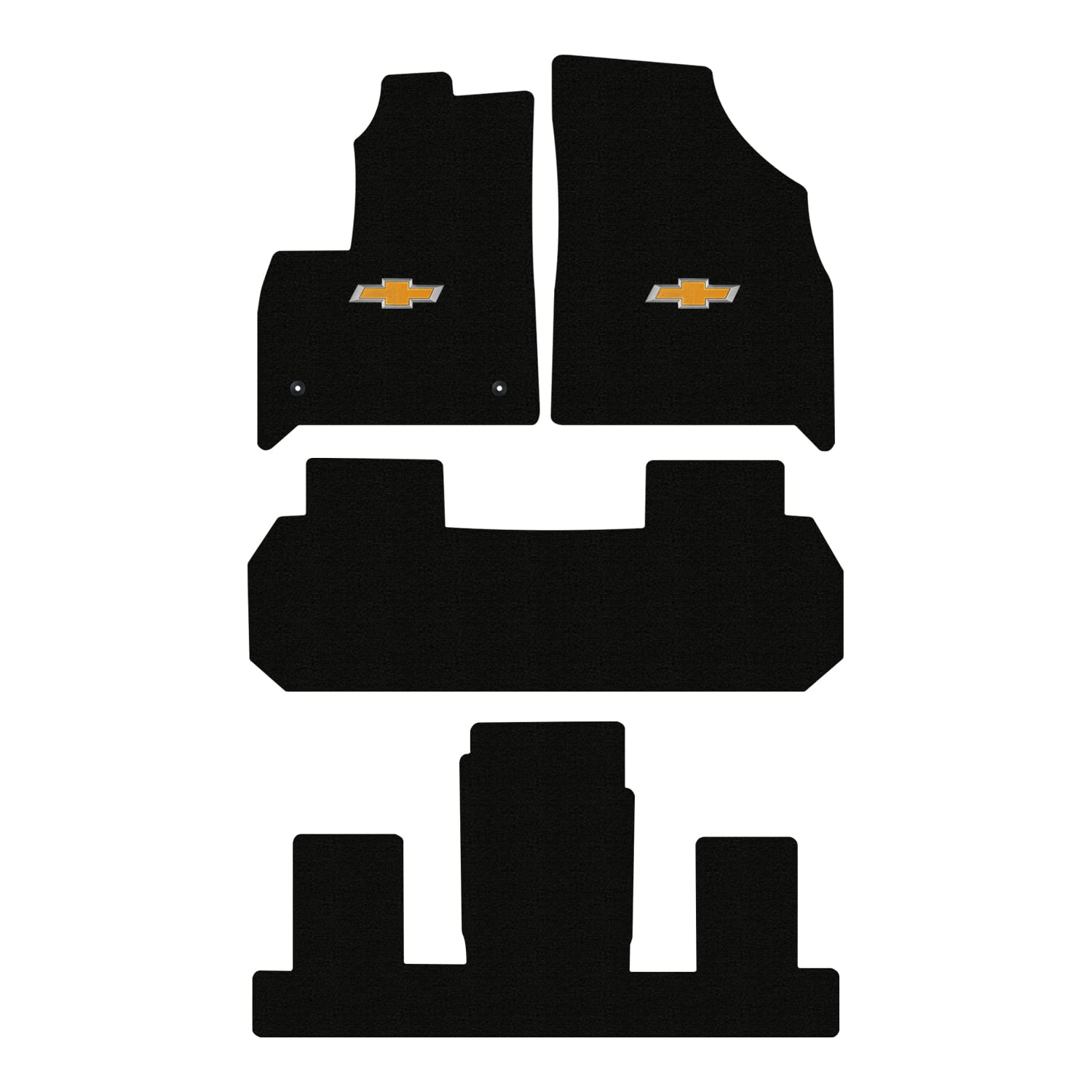 Premium Custom-Fit Carpeted Floor Mats for Chevy Traverse 2018-2023 - 4-Piece Set with 2nd Row Captain's Chairs - Charcoal with Gold Bowtie Logo - Luxury Car Floor Liners for Comfort & Protection - Ideal for Daily Commutes, Road Trips and Family Travel