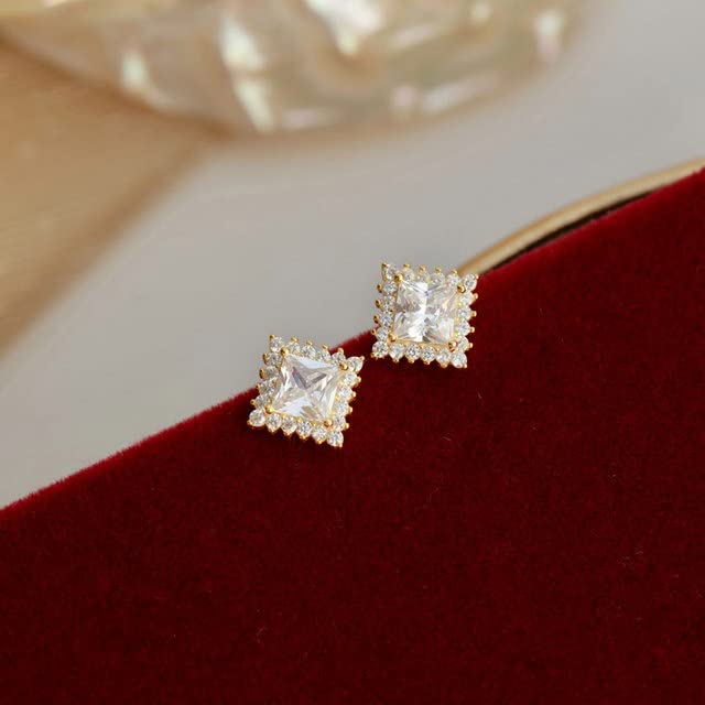 Luxury 925 Sterling Silver Small Square Stud Earrings for Women - Crystal Zircon Stone Wedding Jewelry, Gold Plated Elegant Gift (Perfect for Bridal, Anniversary, Party & Everyday Wear)