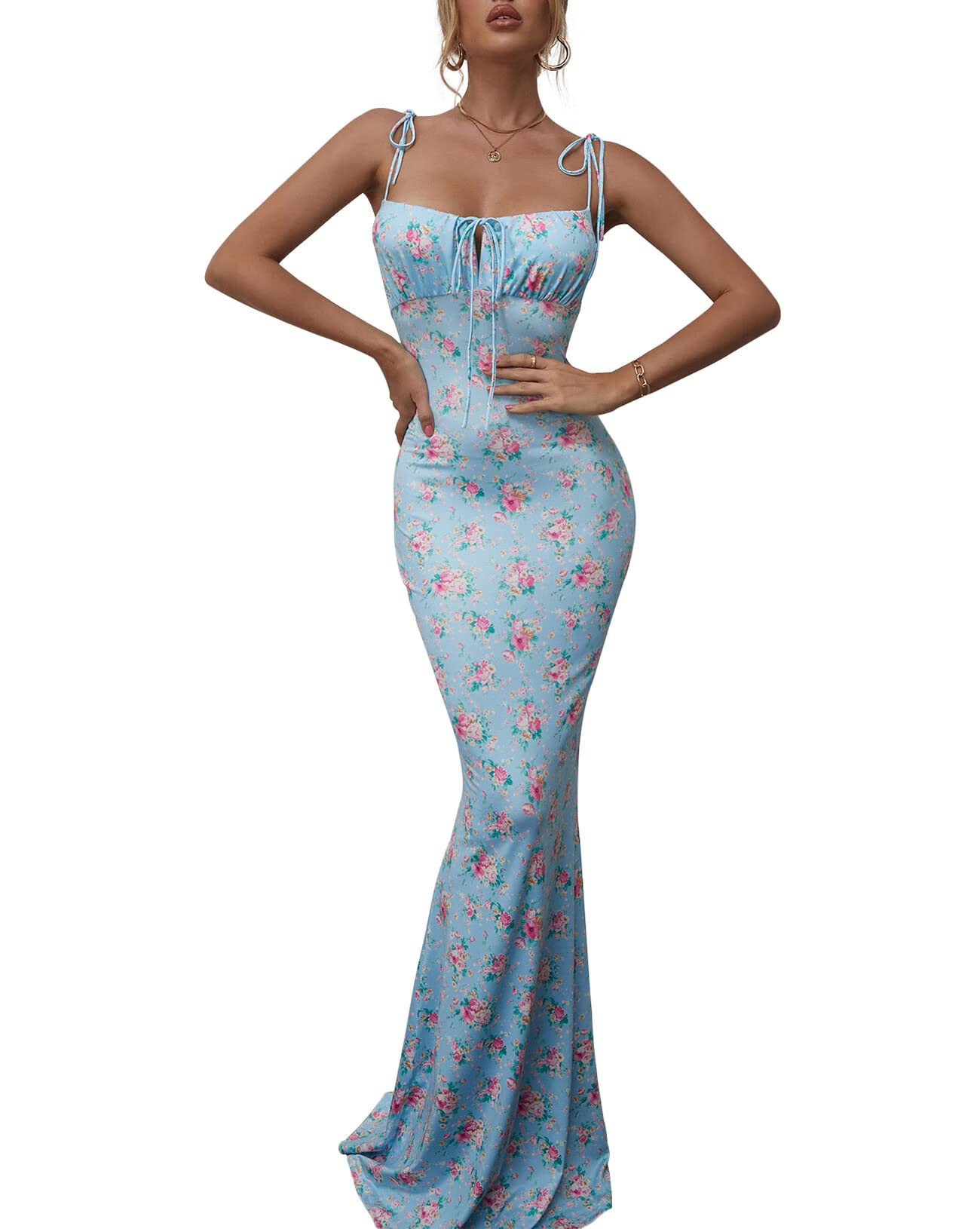 KUTUMAI Women's Floral Bodycon Maxi Dress - Spaghetti Strap Sleeveless Boho Long Summer Dress for Beach, Vacation & Party Wear