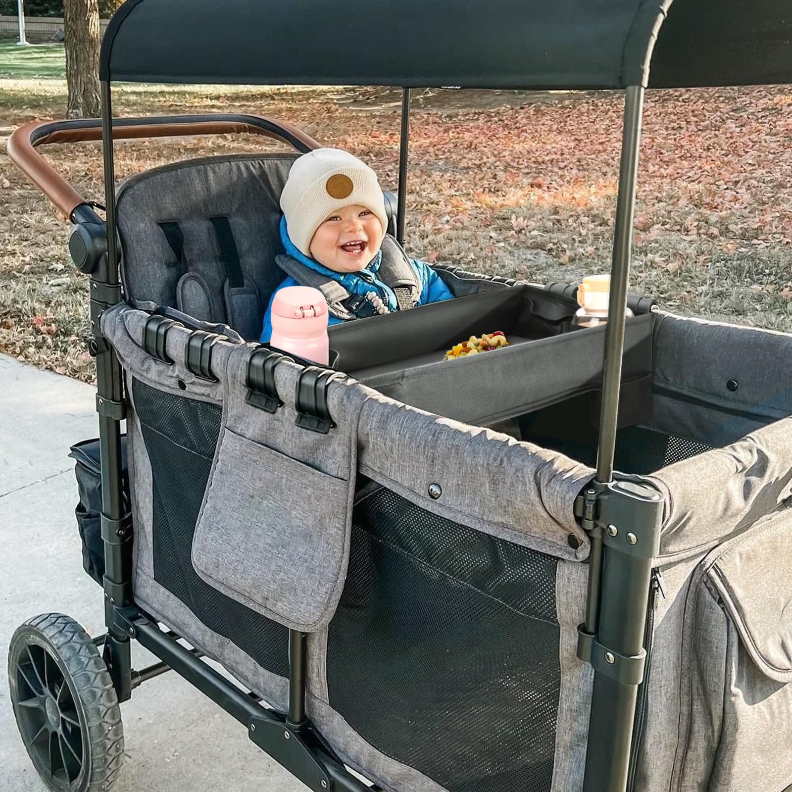 Upgraded Wonderfold Wagon W4 Series Stroller Snack Tray - Durable Faux Leather, Deep Cup Holder & Reinforced Sides - Easy to Clean Kids Toy Organizer for Snacks, Drinks & Essentials - Perfect for Park Outings, Zoo Trips & Family Adventures (W4 Model)