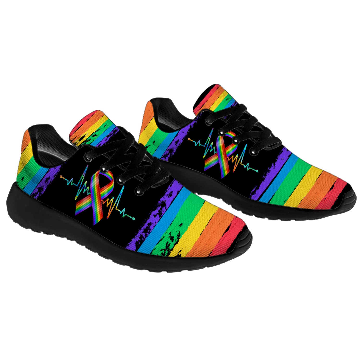 **Men's & Women's Pride Running Shoes - Lightweight Walking & Tennis Sneakers with Rainbow Ribbon & LGBT Heart Design - Perfect Gifts for LGBTQ+ Community - Size 9.5 Men/11 Women (Black) - Ideal for Pride Parades, Workouts & Casual Wear**