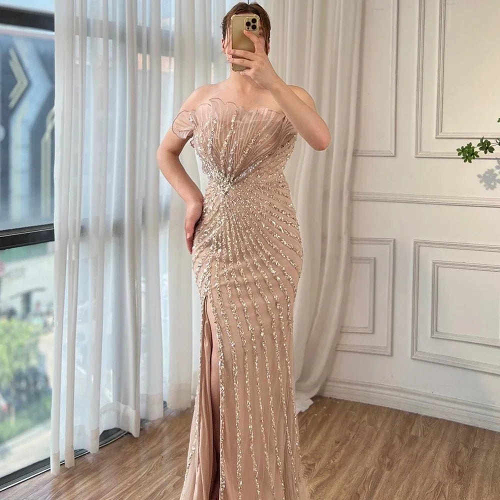 Elegant Green Mermaid Evening Gown with High Split & Off-Shoulder Beaded Design - Luxury Dubai Party Dress for Women 2025 (LA72049) | Perfect for Prom, Gala, Wedding & Formal Events