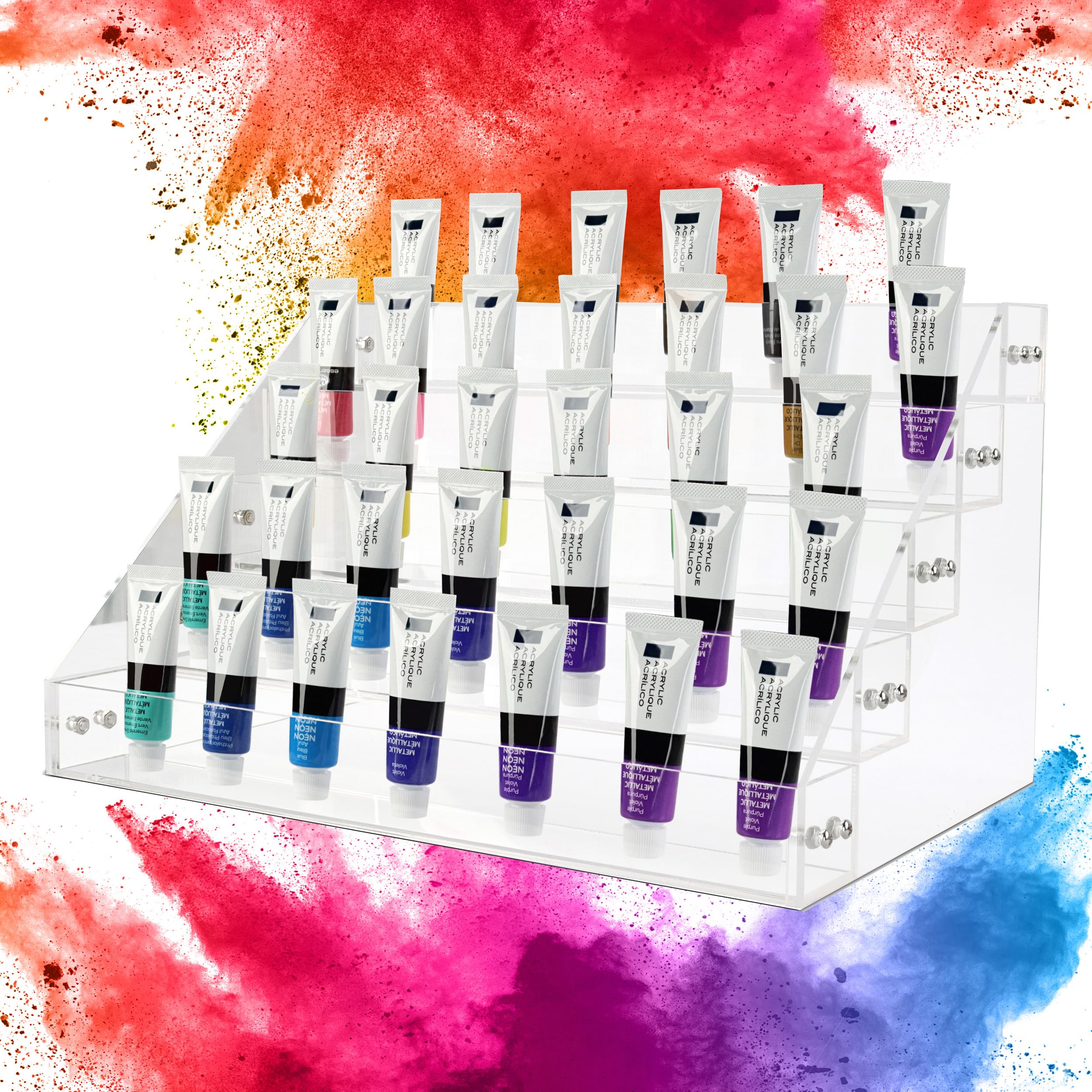 5-Tier Acrylic Art Supply Organizer with Brush Holder - Clear Tabletop Storage Shelf for Nail Polish, Model Paint & Hobby Supplies - Perfect for Artists, Nail Salons & Craft Rooms
