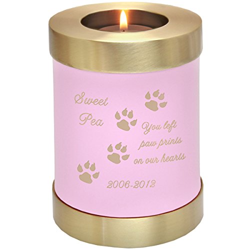 Personalized Engraved Pet Memorial Candle Holder & Urn - Custom Brass Keepsake for Dogs, Cats - Pink Sympathy Gift for Pet Loss, Funeral, Home Memorial Display