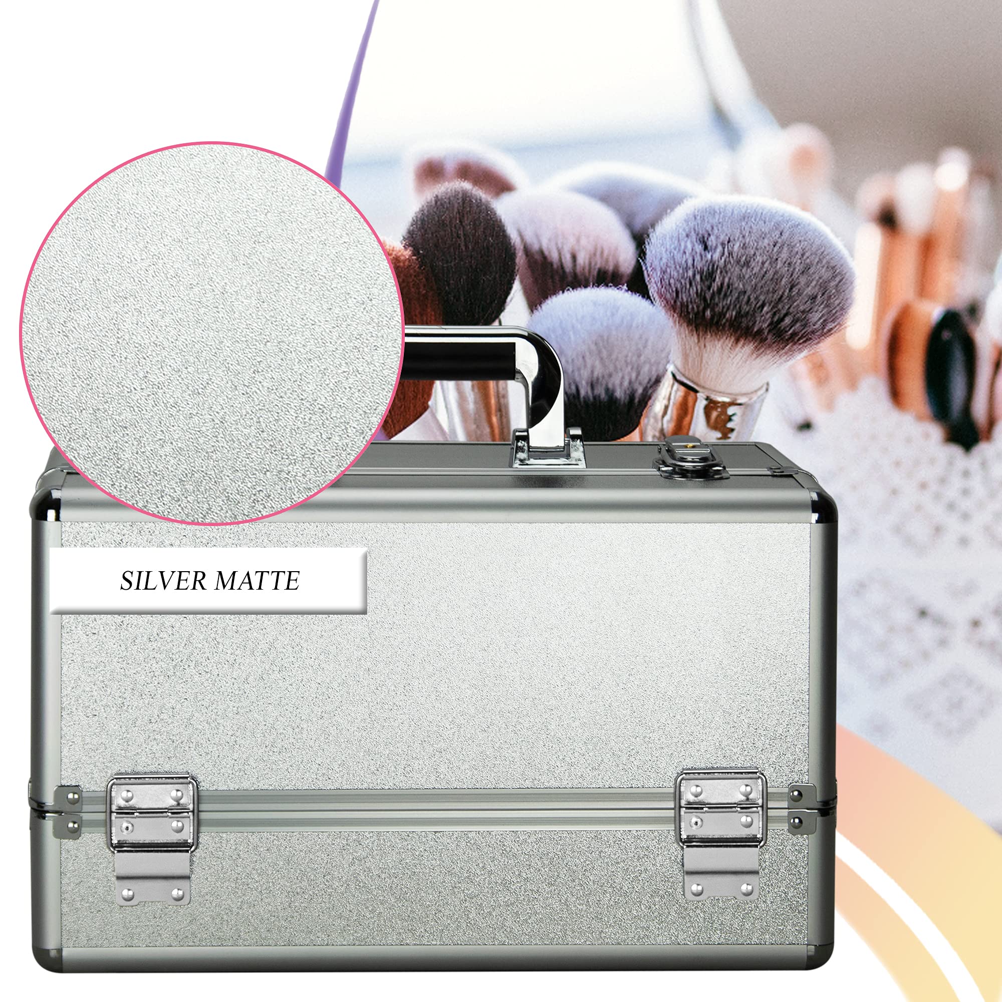 Ver Beauty 6-Tier Lockable Makeup Organizer - Professional Cosmetic Travel Kit & Makeup Artist Supplies - Lightweight Aluminum Train Case for Portable Vanity (Silver) | Perfect for Travel, Salon, Home Storage & Professional Makeup Artists