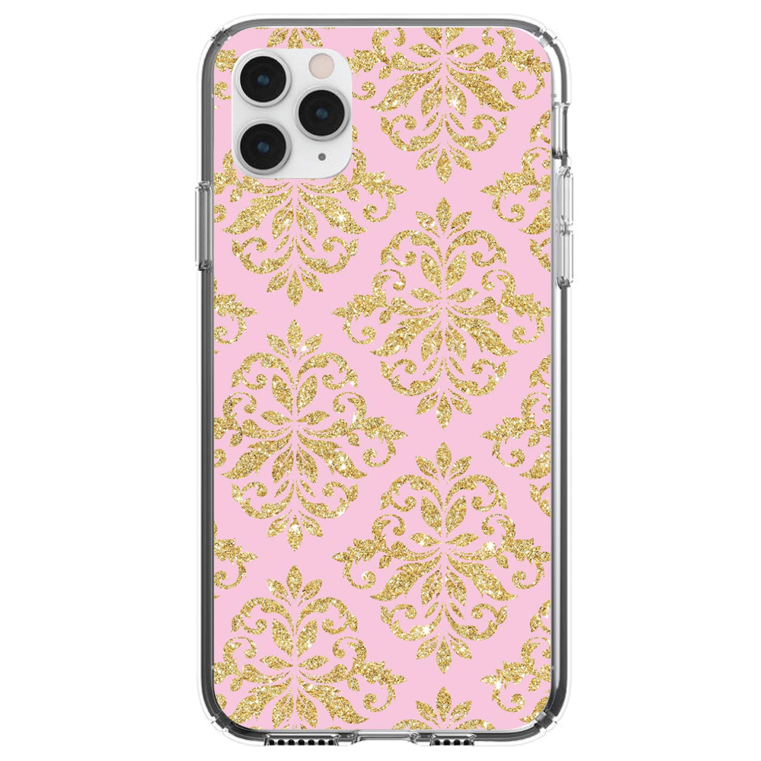 DistinctInk Clear Shockproof Hybrid Case for iPhone 13 Pro MAX (6.7 Inch) - TPU Bumper with Acrylic Back & Tempered Glass Screen Protector - Pink Gold Damask Pattern Design - Perfect for Daily Use, Travel & Outdoor Protection