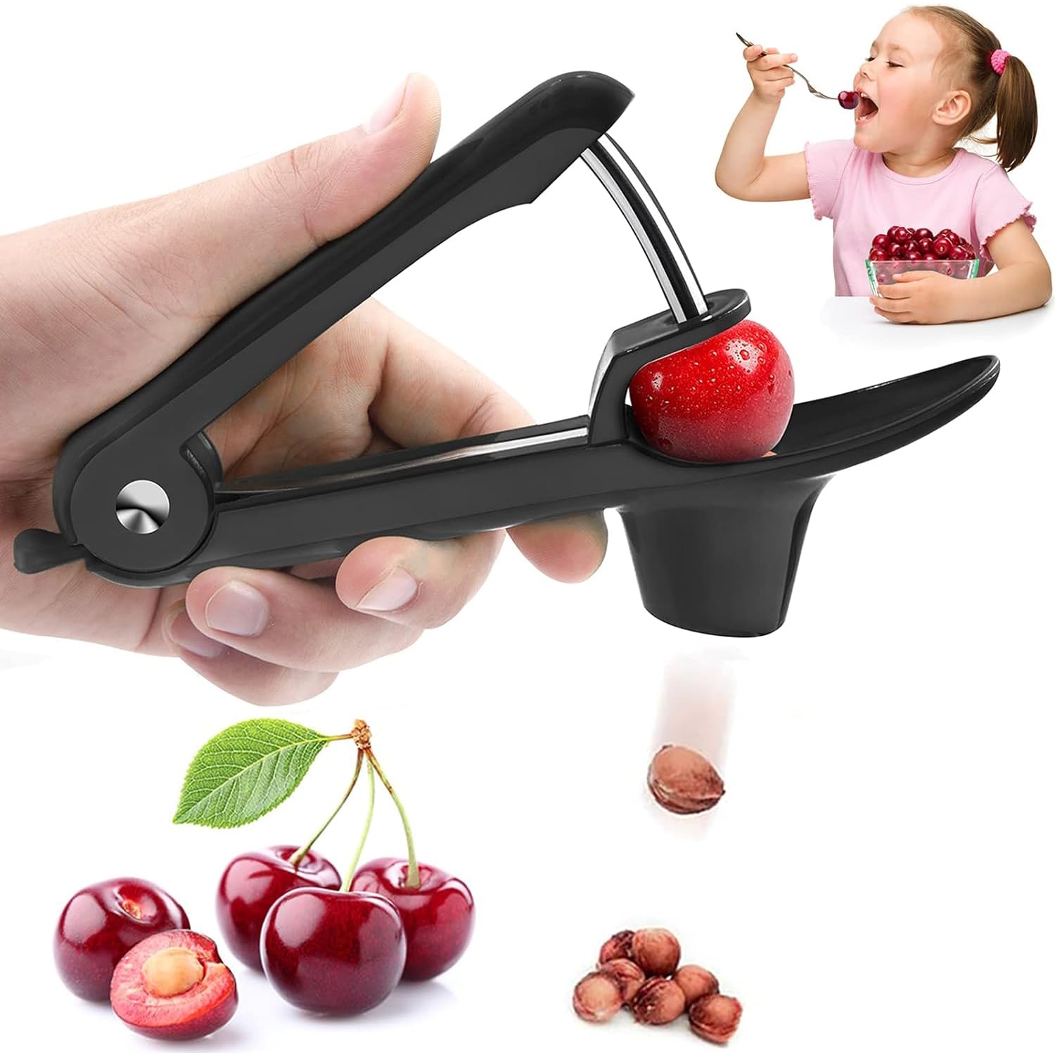 Premium Cherry Pitter & Olive Pitter Tool - Stainless Steel Cherry Stone Remover for Jam Making, Baking & Cooking - Space-Saving Lock Design (Black) - Perfect for Home Kitchens, Canning, and Fruit Prep