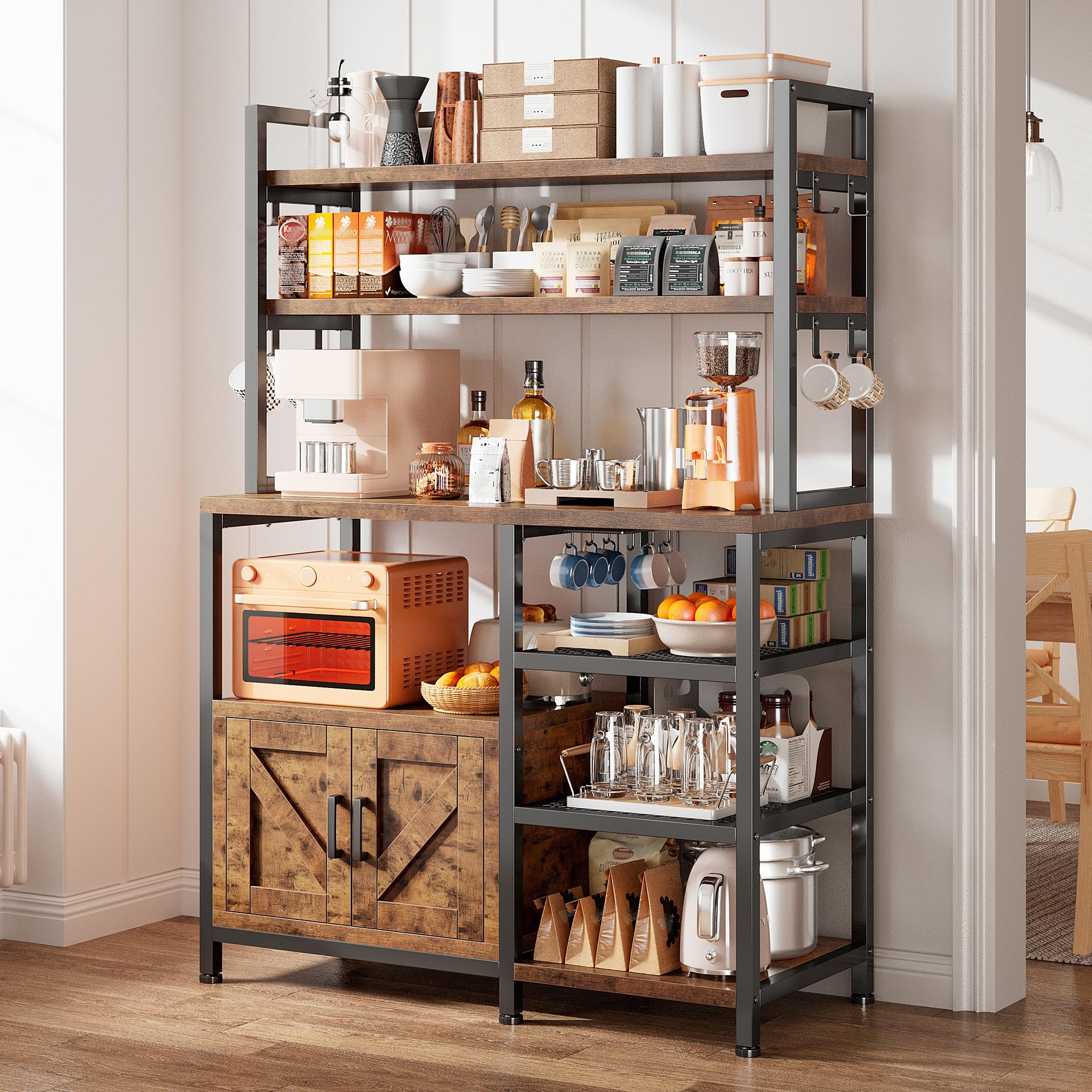 EnHomee Bakers Rack with Storage Cabinet - 6 Tier Kitchen Organizer with 8 Side Hooks, Large Capacity Microwave Stand for Coffee Bar & Kitchen Storage - Perfect for Small Spaces, Apartments & Home Organization