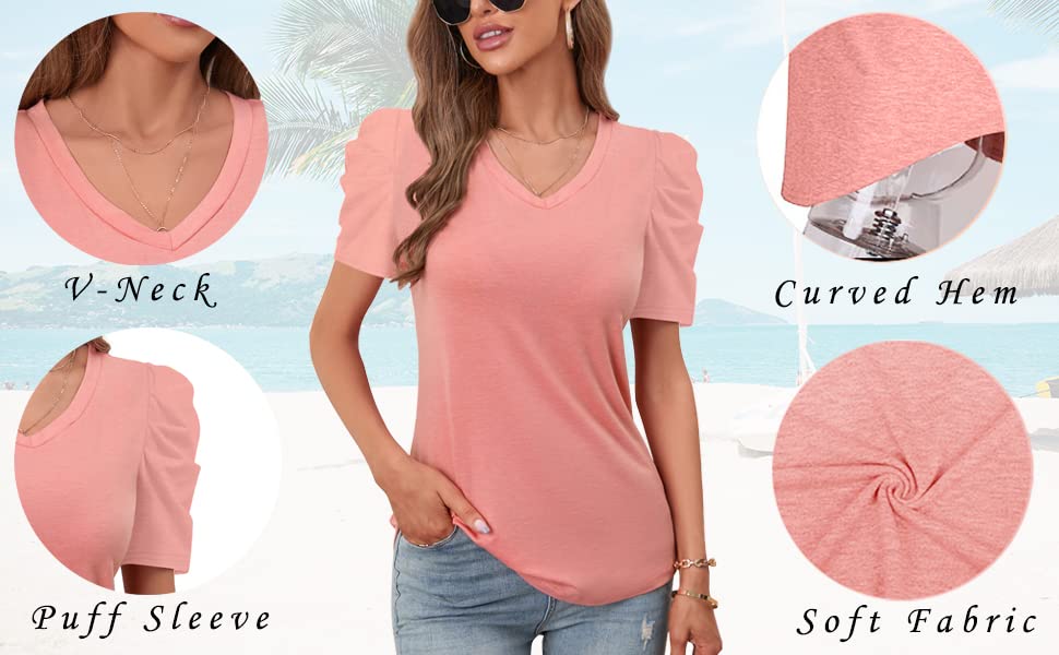 Women's Summer V-Neck Casual T-Shirt with Puff Sleeves - Breathable Cotton Blouse for Outdoors, Beach & Vacation Wear