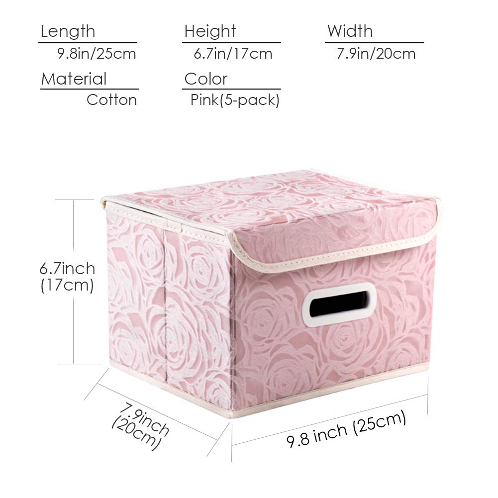 PRANDOM 5-Pack Foldable Fabric Storage Bins with Lids - Decorative Organizer Boxes with Handles & Dividers (9.8x7.9x6.7 Inch, Pink) for Bedroom, Closet, Living Room, Nursery & Office Organization