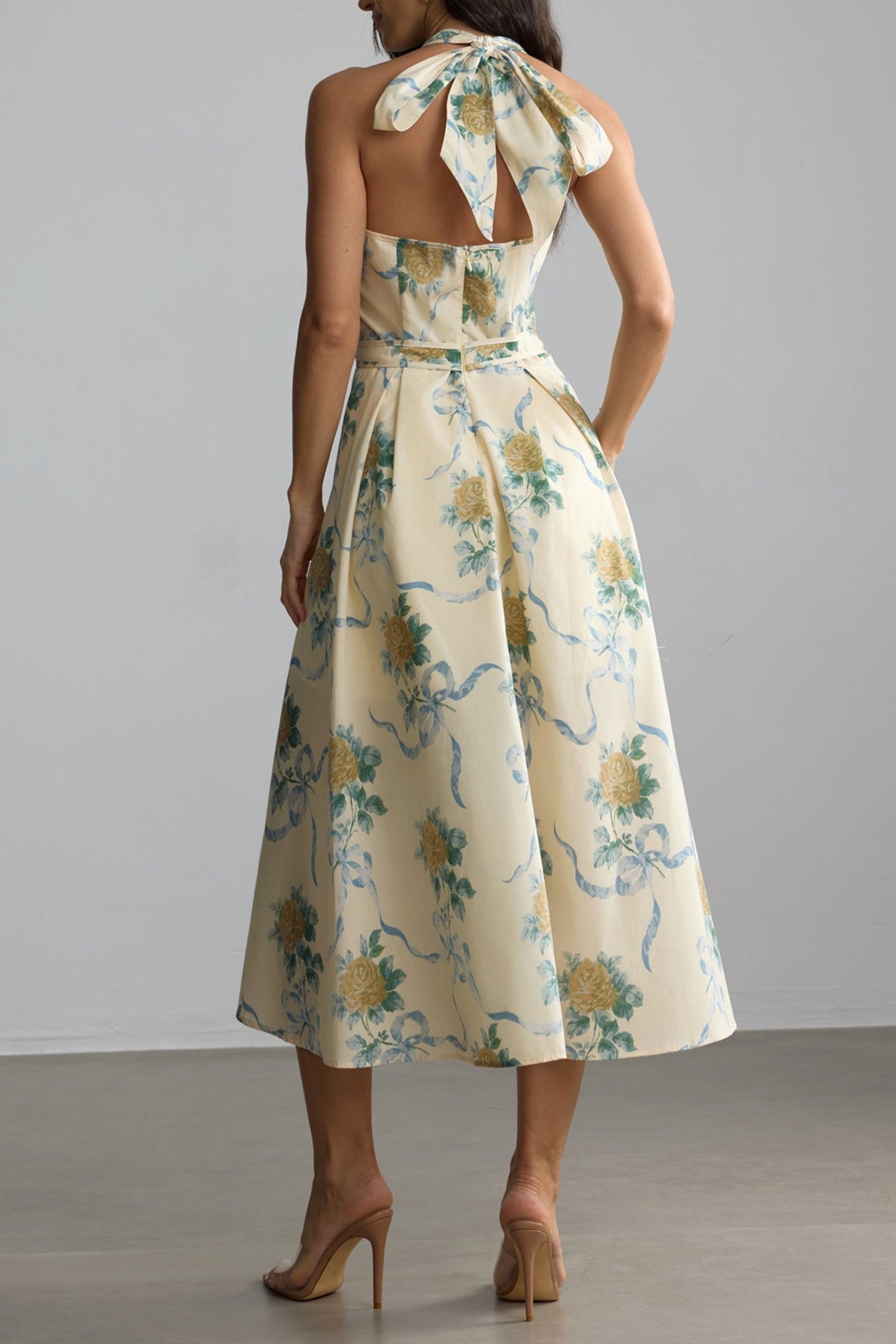 Deirdre Floral Print Deep V Neck Midi Dress in Yellow - Elegant Summer Dress for Women, Perfect for Beach Vacations, Garden Parties & Date Nights