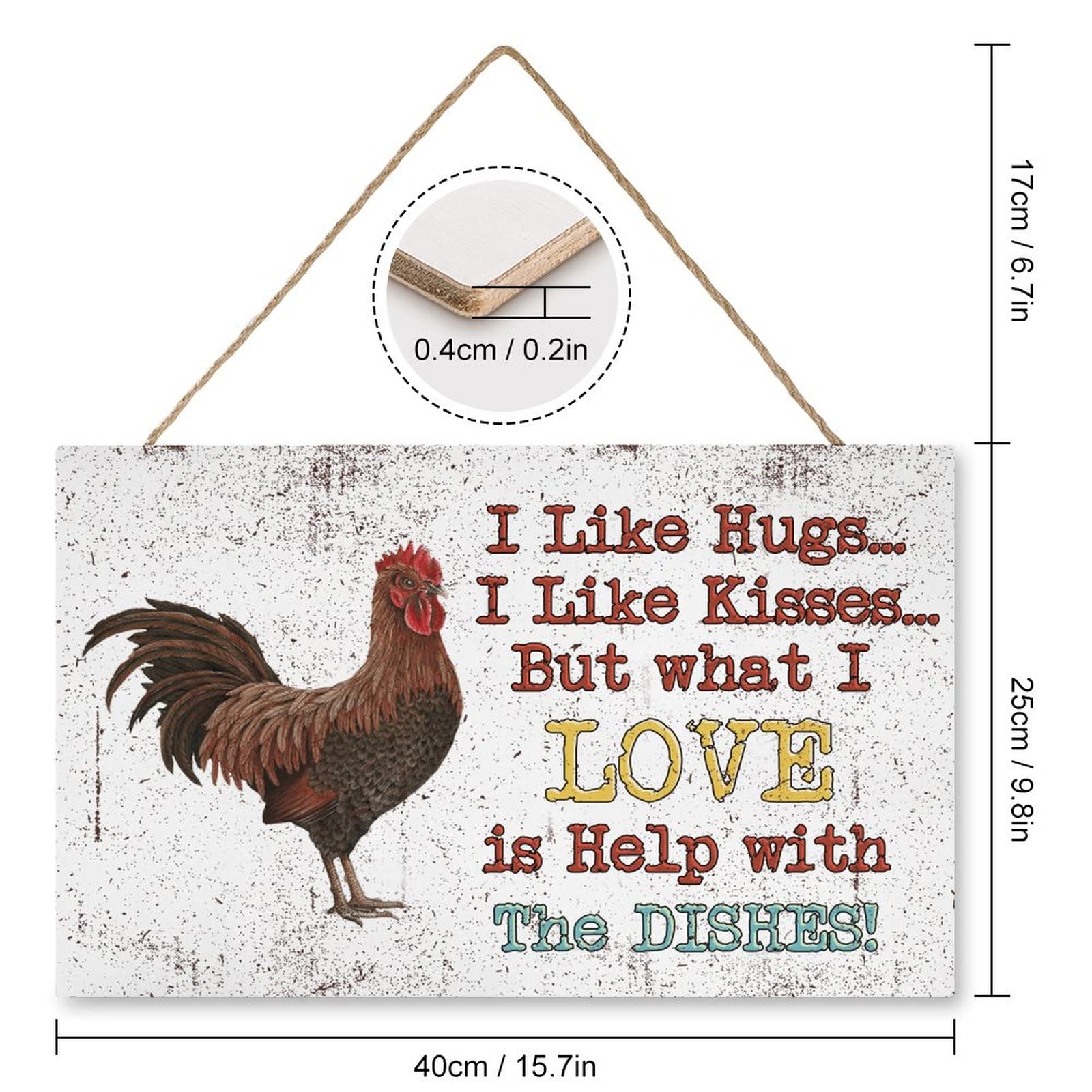 Rustic Rooster Wall Art - Funny Chicken Coop Decor Sign 'I Like Hugs & Kisses But Love Help with Dishes' - 10x16in Farmhouse Kitchen Decor for Home, Farmyard & Country Style Kitchens - Perfect for Farmhouse Walls, Chicken Coops & Rustic Home Décor