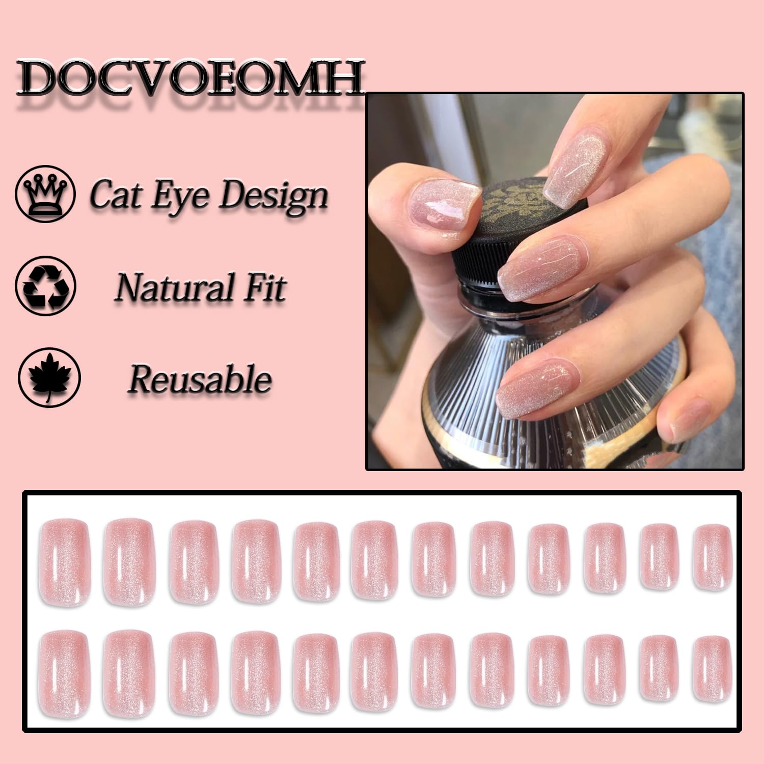 Medium Square Short Press on Nails - Glitter Nude Natural Fake Nails with Cat Eye Design, Glossy Full Cover False Acrylic Glue Stick on Nails for Women (24Pcs) - Perfect for Parties, Weddings, Date Nights & Everyday Wear