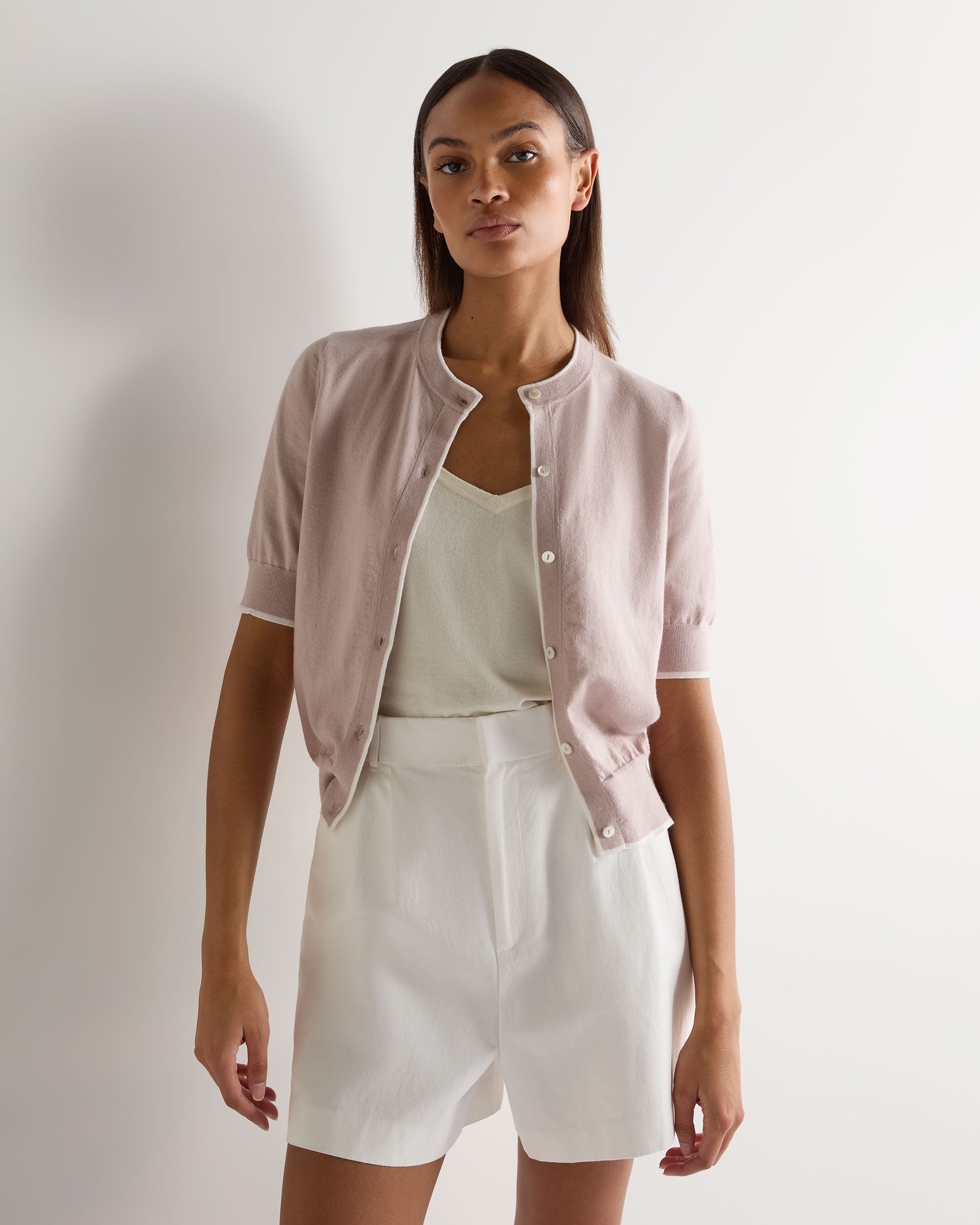 Women's Soft Cotton Cashmere Blend Short Sleeve Cardigan Sweater - Lightweight Summer Knitwear in Dune Pink | Perfect for Office Wear & Casual Outfits