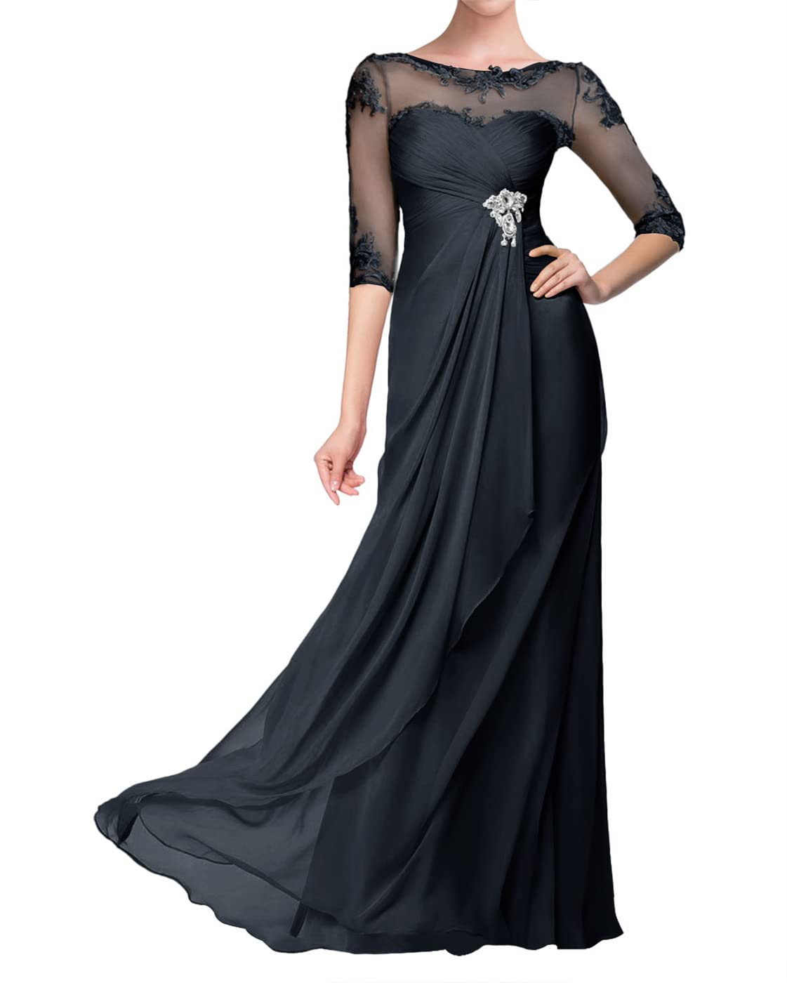 Elegant Navy Blue Lace Mother of The Bride Dress - Long Chiffon Formal Evening Gown with 3/4 Sleeves for Wedding Guest & Special Occasions | Perfect for Weddings, Galas & Formal Events