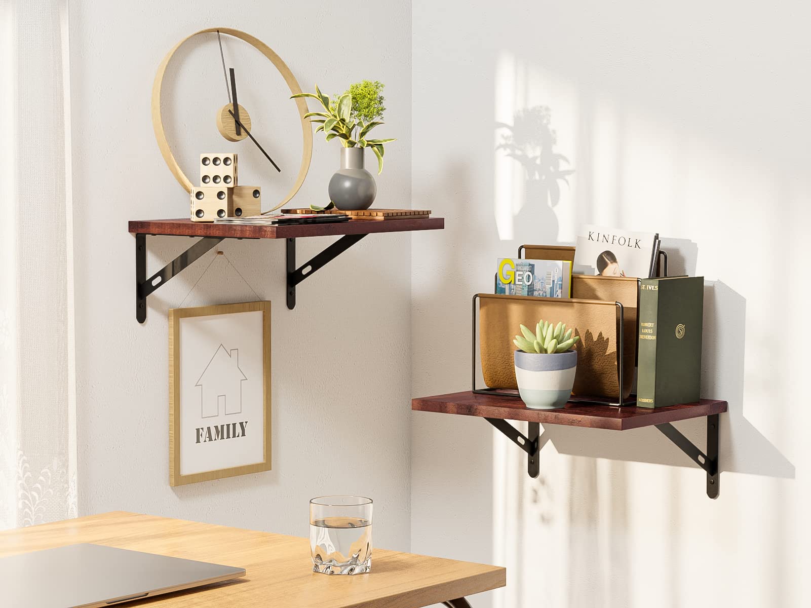 Floating Wall Shelves Set of 2 - Rustic Cherry Walnut Wood Display Shelf - 11.8