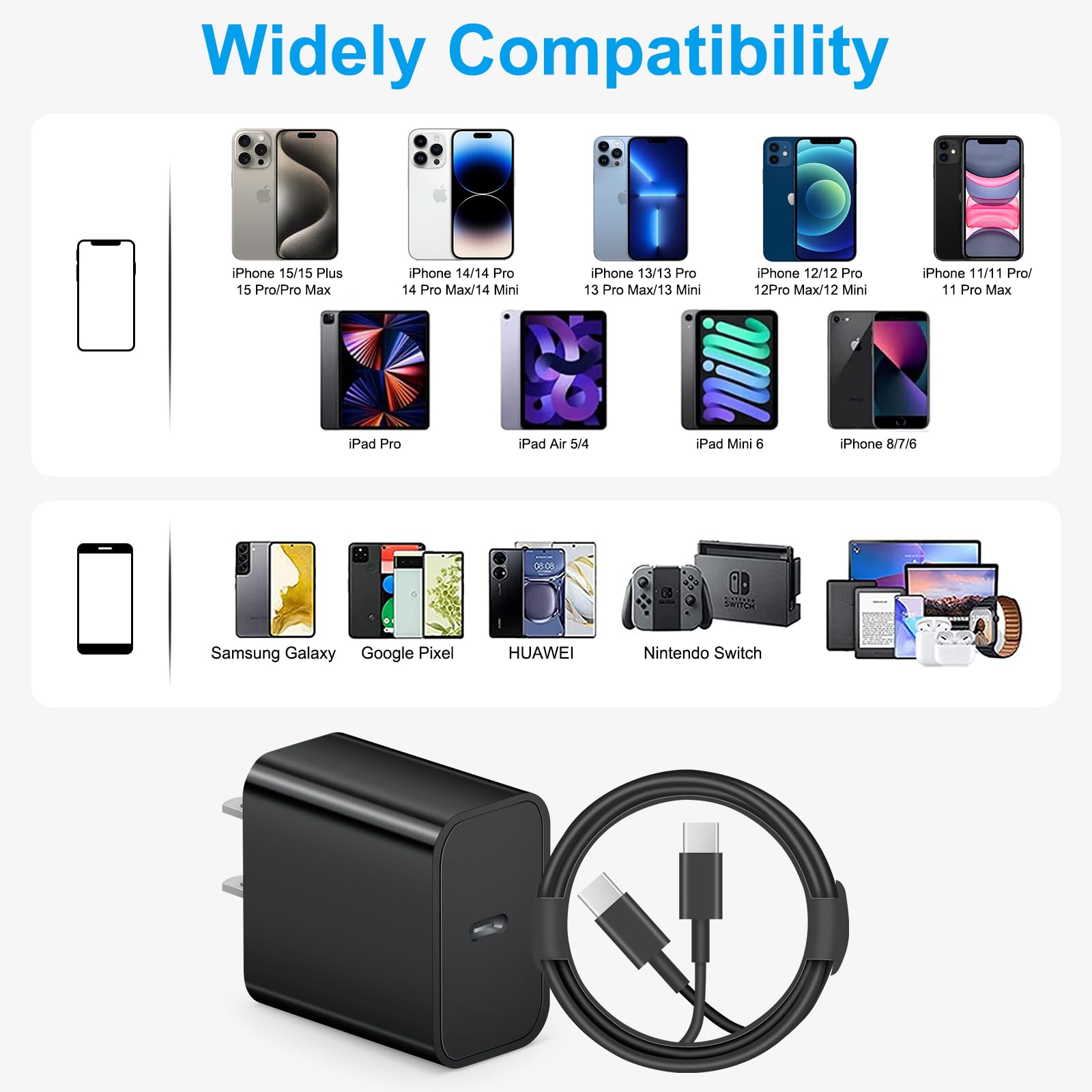 Fast Charging 20W USB C Wall Charger Block & 10ft Type C to C Cable (2 Pack) - Compatible with iPhone 16/16 Pro/16 Pro Max/iPhone 15, iPad Pro, Air 5/4, iPad 10 - Perfect for Home, Office & Travel (Black)