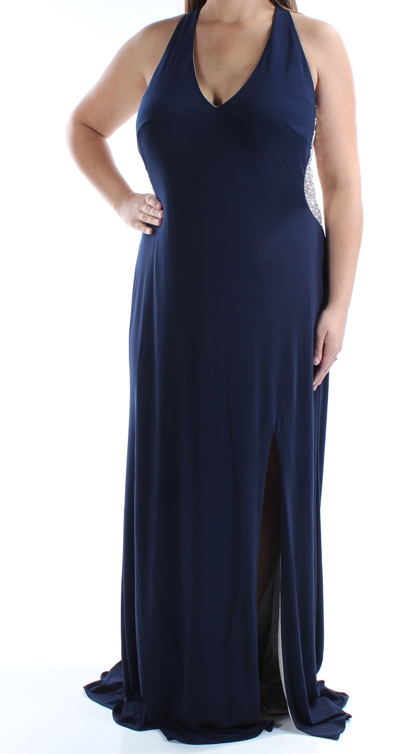 Xscape Women's Long Halter Gown with Caviar Beading - Elegant Formal Evening Dress for Prom, Gala & Special Occasions