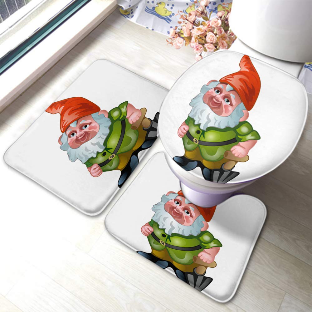 Swono Non-Slip Dwarf Garden Gnome Bath Mat Set - 3 Piece Ceramic Figurine Bathroom Rug for Hotel, Spa & Home Use - Waterproof Toilet Lid Cover & Floor Mats for Safety & Decor