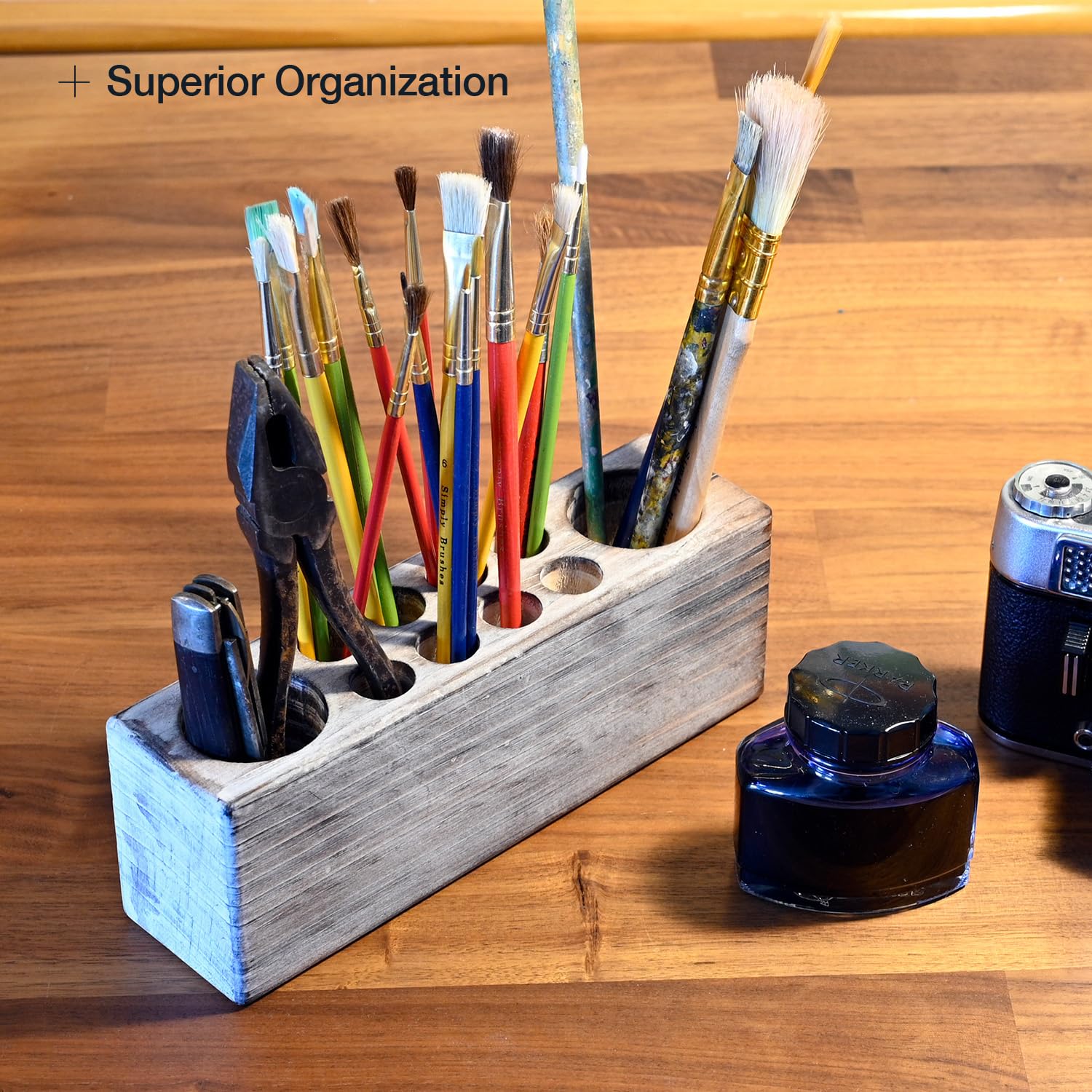Rustic Whitewashed Wooden Pen Holder - Grey Solid Wood Desk Organizer for Office & Home | Perfect for Paint Brushes, Markers, and Art Supplies Storage | Ideal for Artists, Students, and Workspaces
