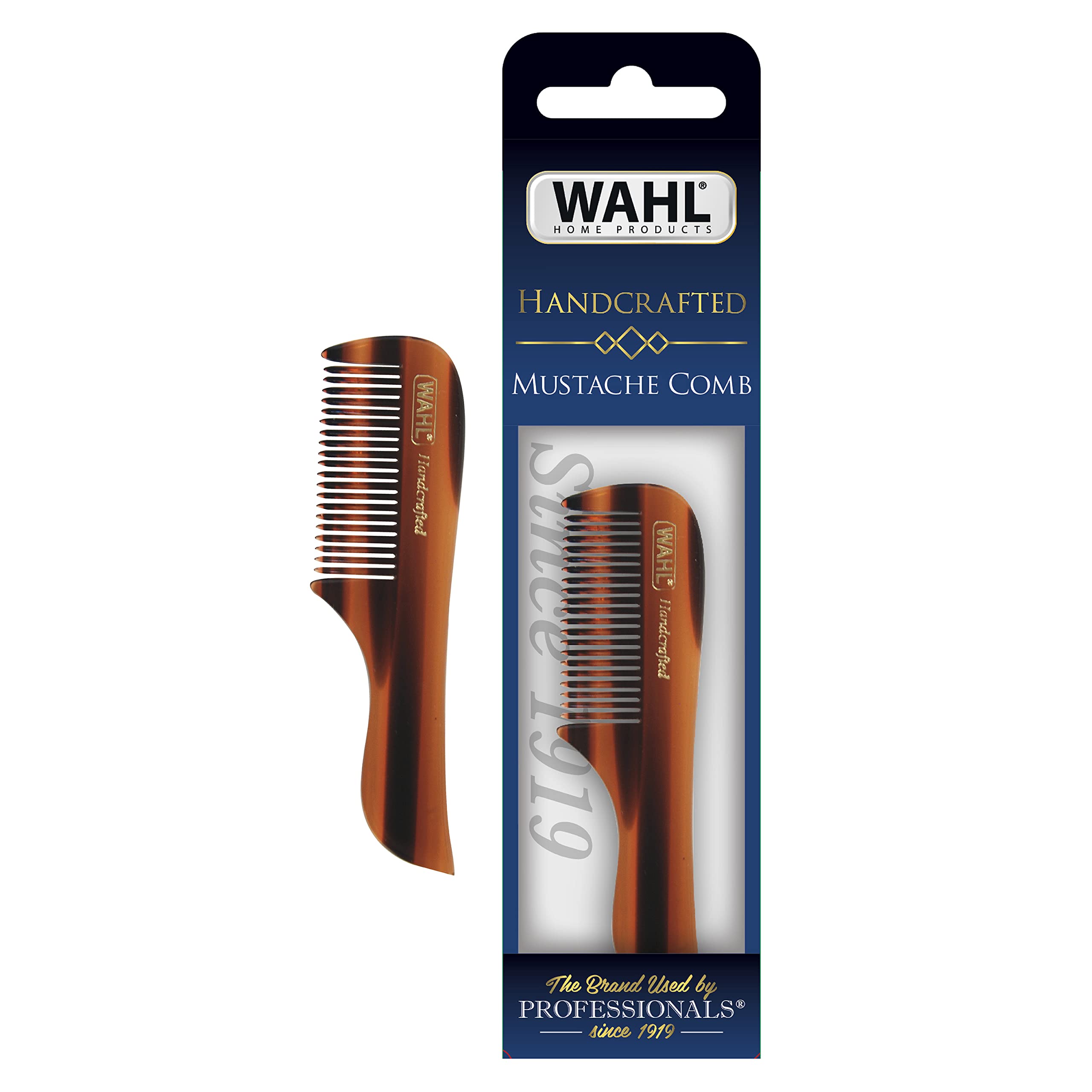 Wahl Model 3323 Brown Mustache Comb for Men - Handcrafted Cellulose Acetate Comb with Smooth Rounded Teeth - Perfect for Grooming, Styling & Maintaining Facial Hair - Ideal for Travel, Home & Barber Shop Use
