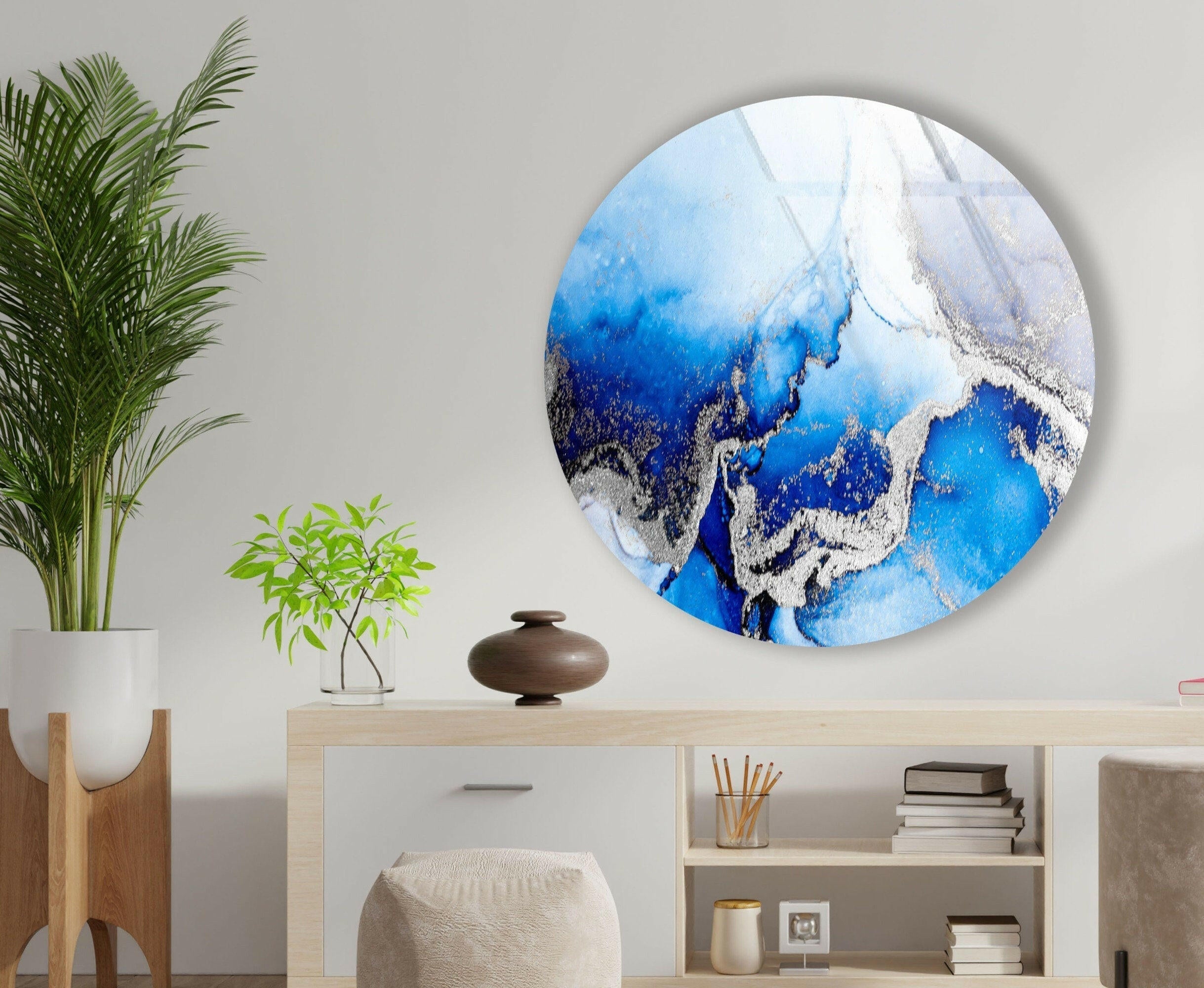 Blue Marble Round Glass Wall Art with Silver Accents - Elegant Home Decor for Living Room, Bedroom & Office